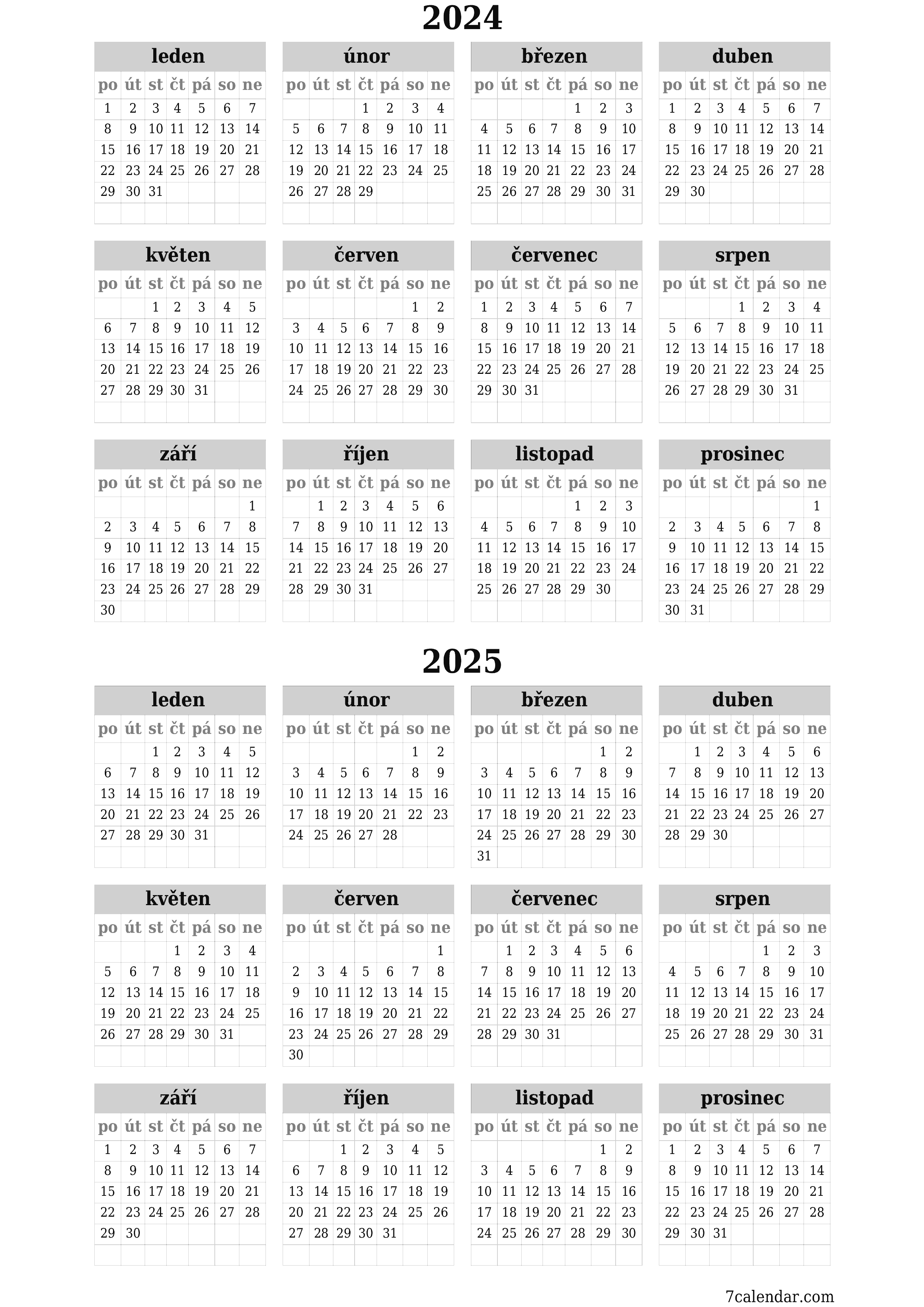 Prázdný roční kalendář plánovače pro rok 2024, 2025 s poznámkami, uložením a tiskem do PDF PNG Czech