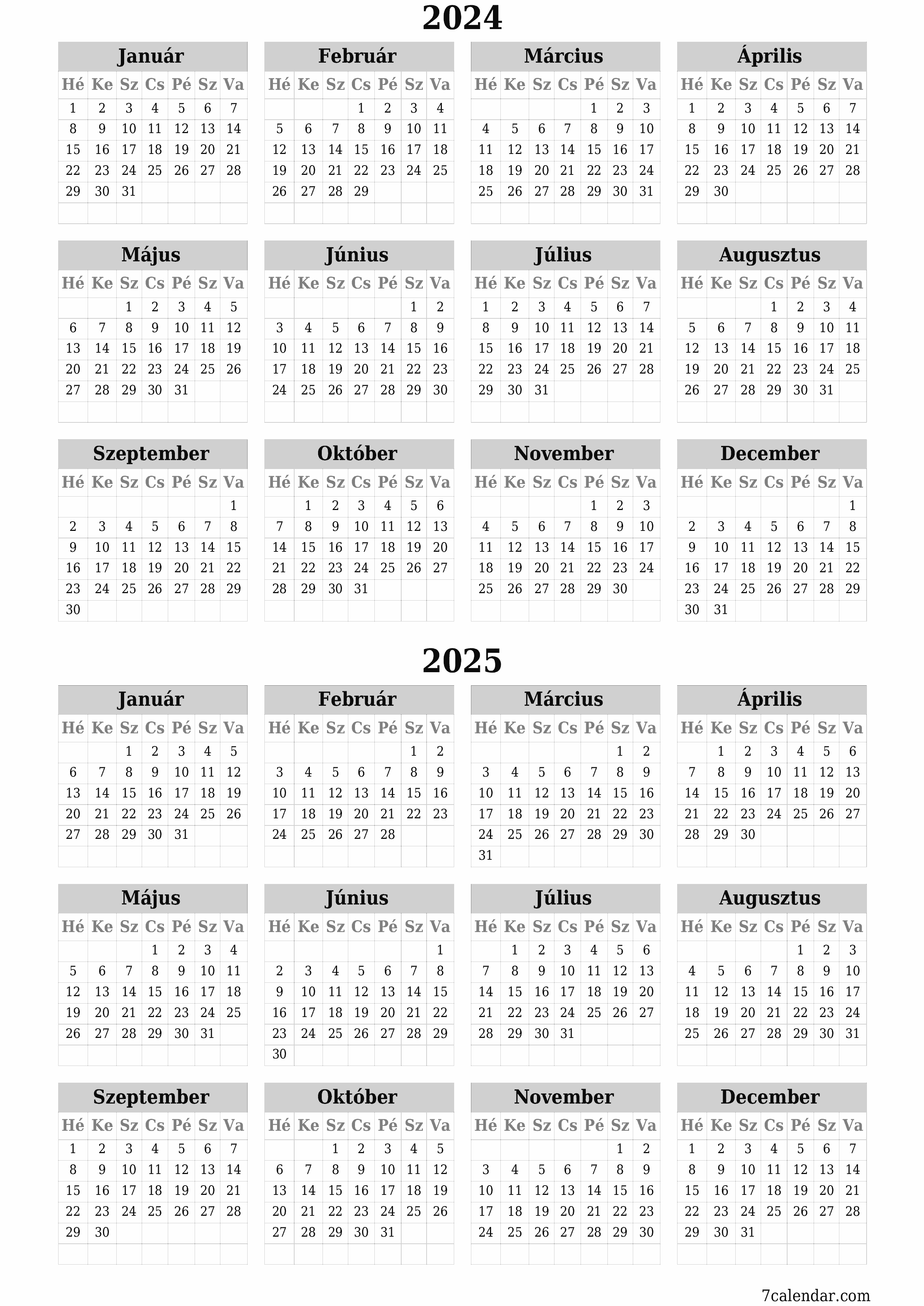 Üres éves tervezői naptár az évre 2024, 2025 jegyzetekkel, mentés és nyomtatás PDF-be PNG Hungarian
