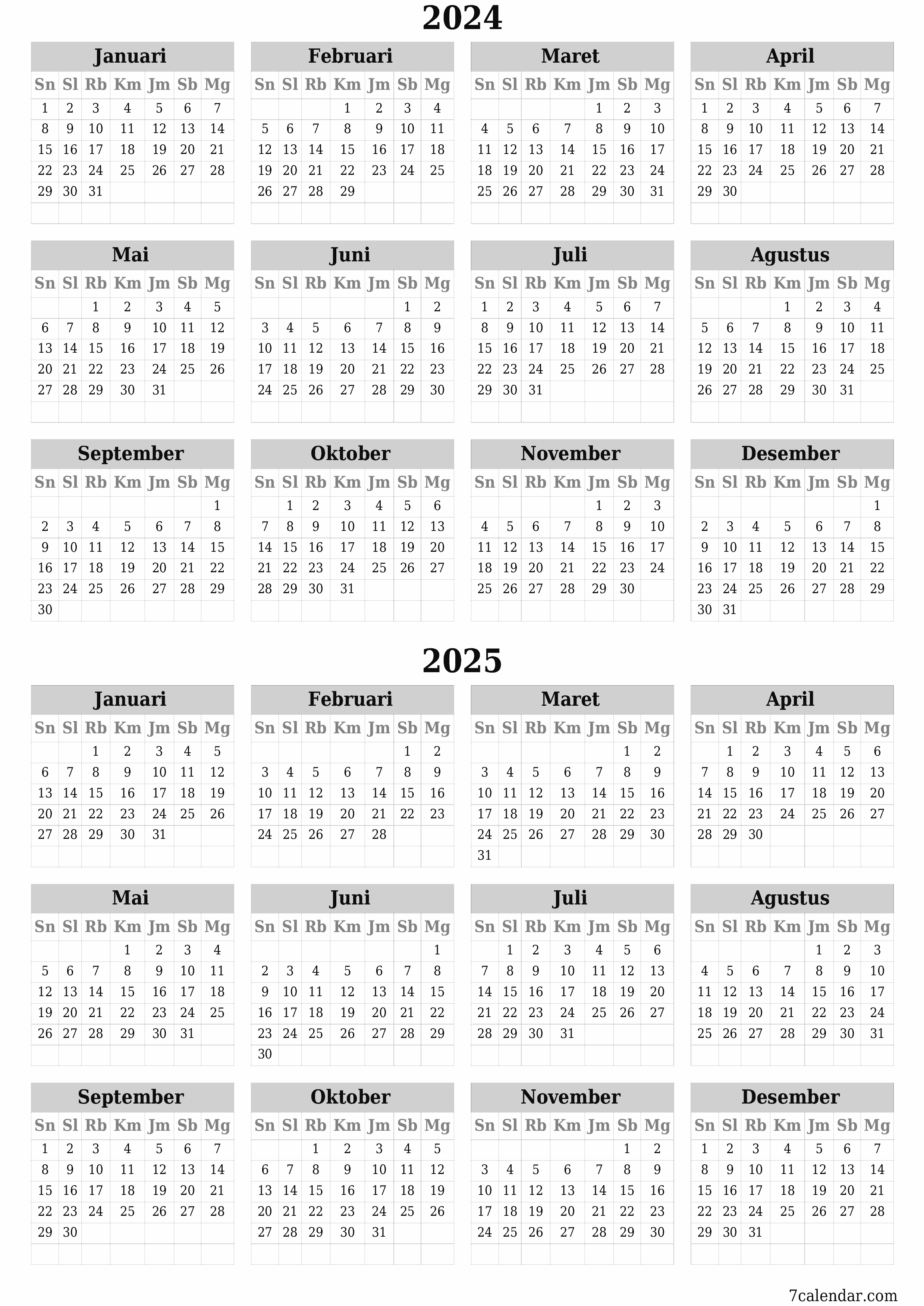 Kosongkan kalender perencana tahunan untuk tahun ini 2024, 2025 dengan catatan, simpan dan cetak ke PDF PNG Indonesian