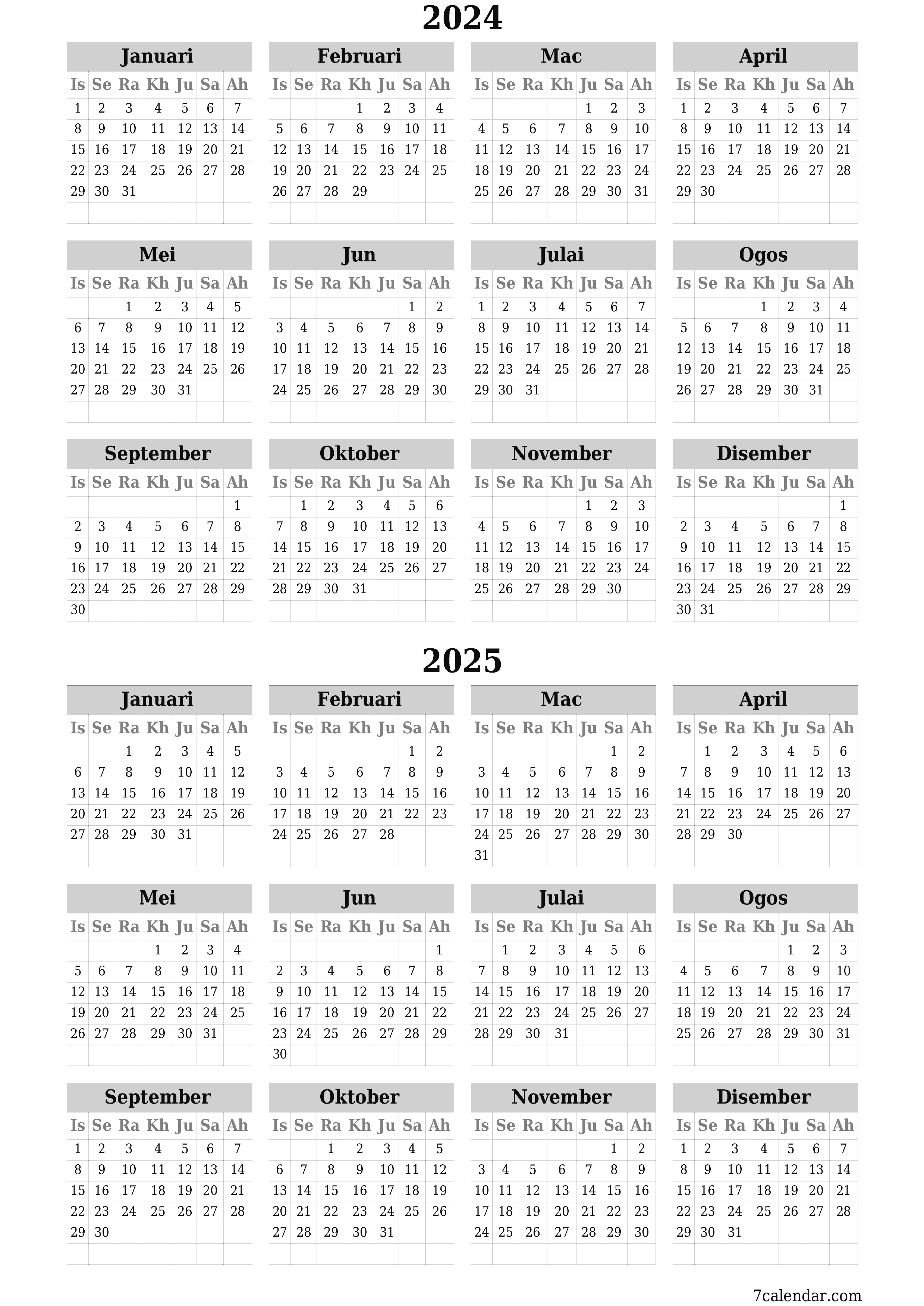 Kalendar perancang tahunan kosong untuk tahun ini 2024, 2025 dengan nota, simpan dan cetak ke PDF PNG Malay
