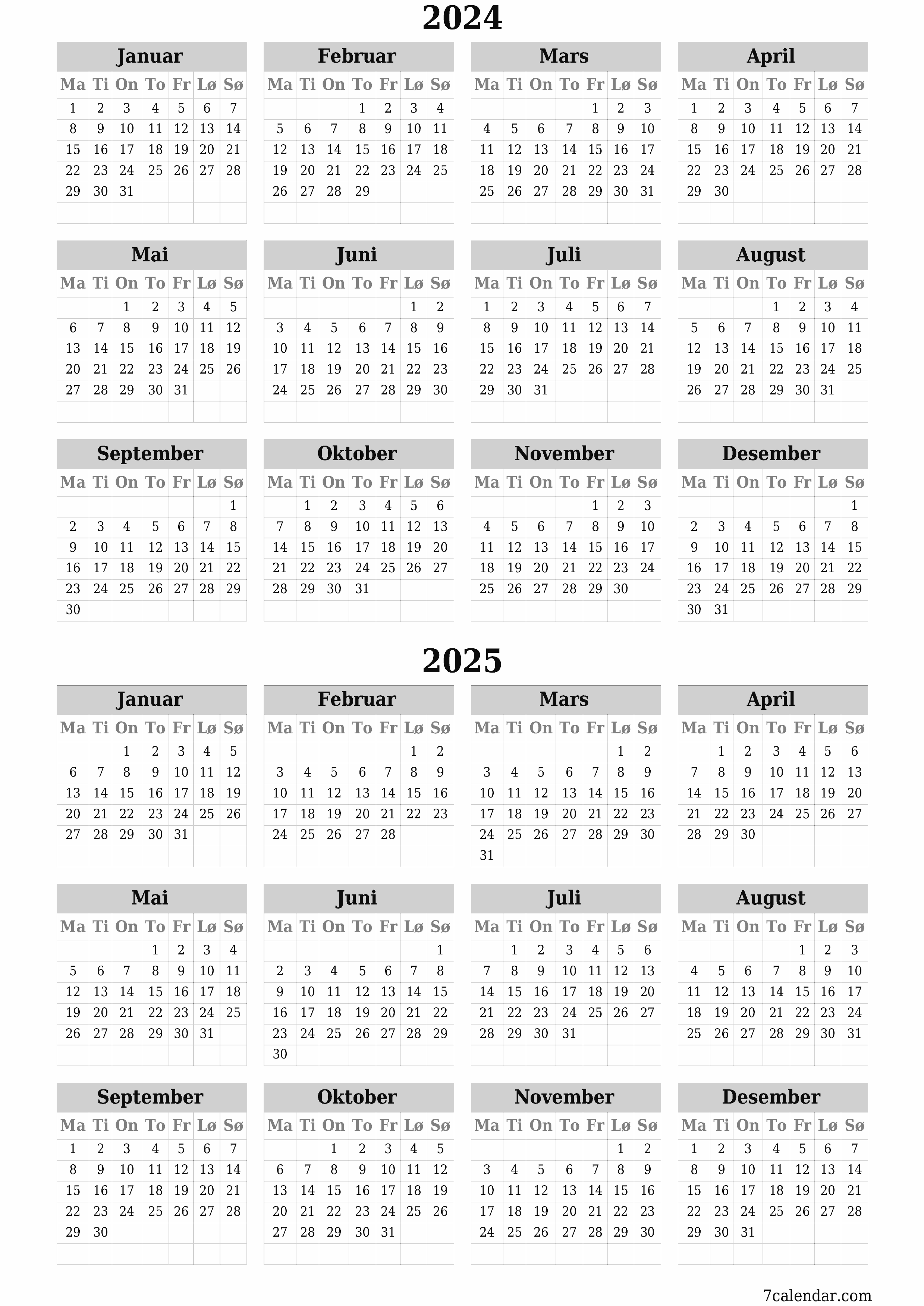 Tom årlig planleggerkalender for året 2024, 2025 med notater, lagre og skrive ut i PDF PNG Norwegian