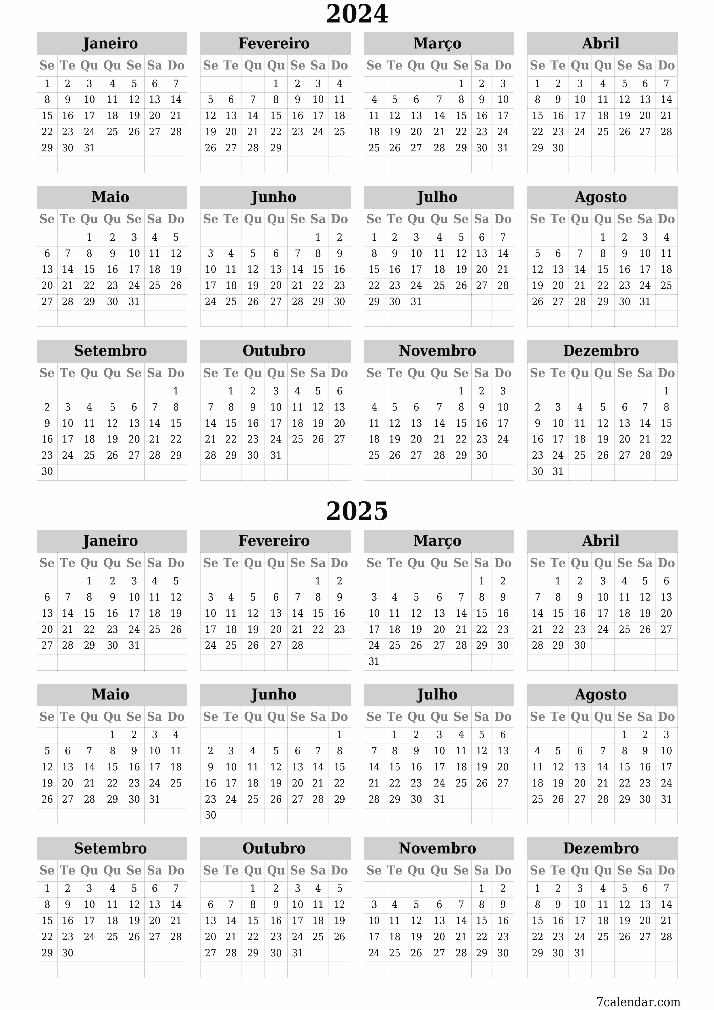 Calendário de planejador anual vazio para o ano 2024, 2025 com notas, salve e imprima em PDF PNG Portuguese