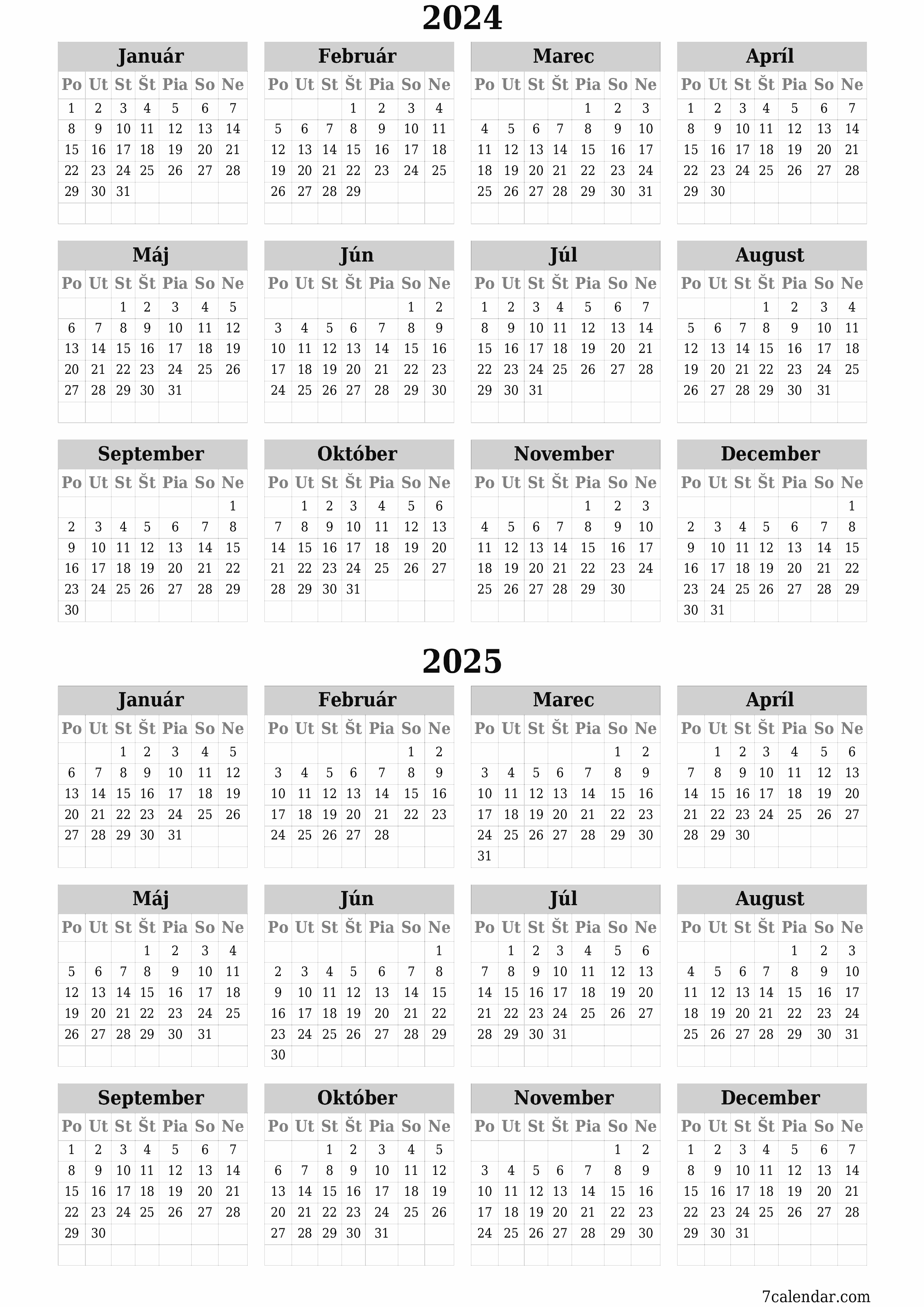 Prázdny ročný kalendár plánovača na rok 2024, 2025 s poznámkami, uložením a tlačou do formátu PDF PNG Slovak