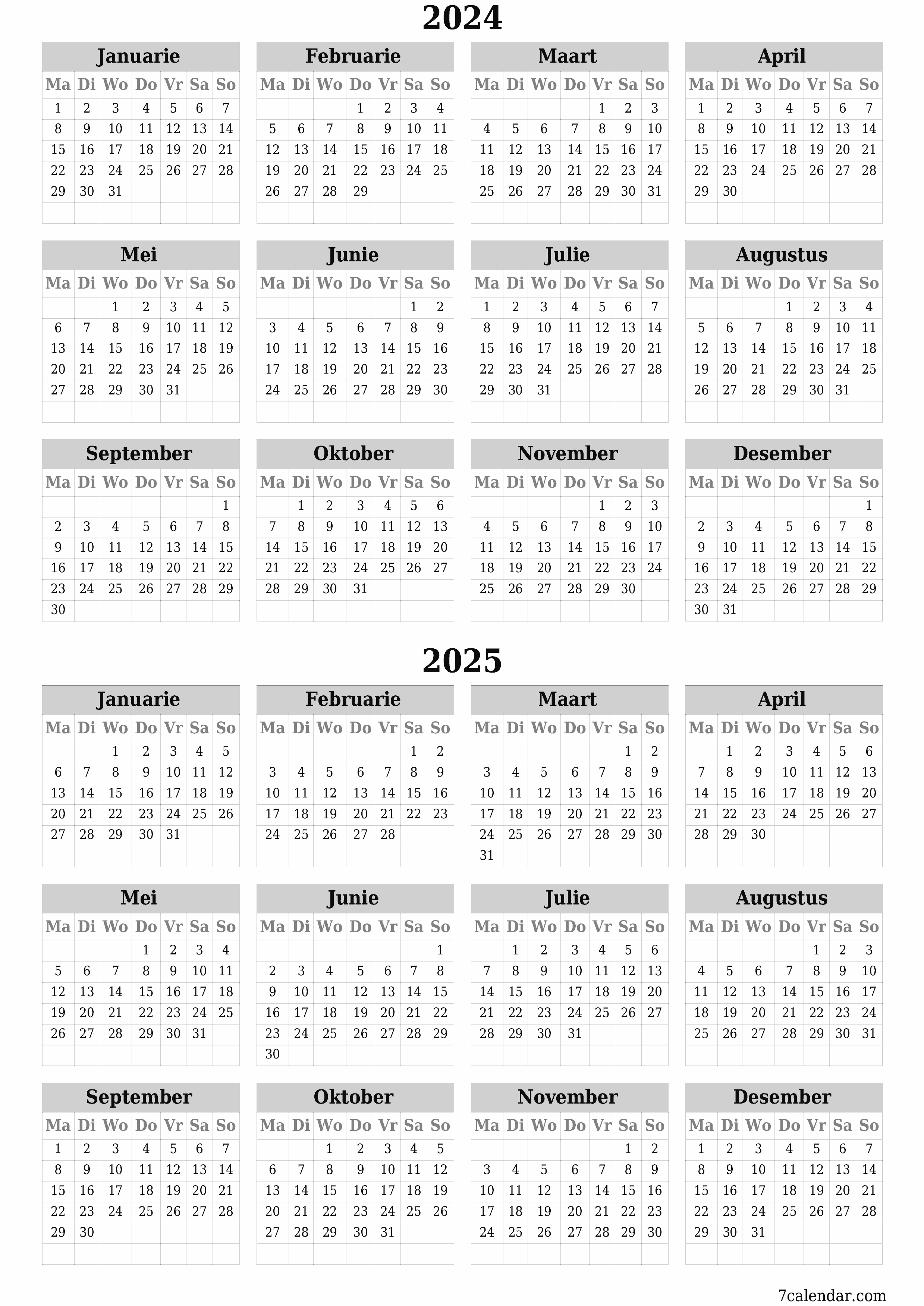 Leë jaarlikse drukbare kalender en beplanner vir die jaar 2024, 2025 met notas, stoor en druk na PDF PNG Afrikaans