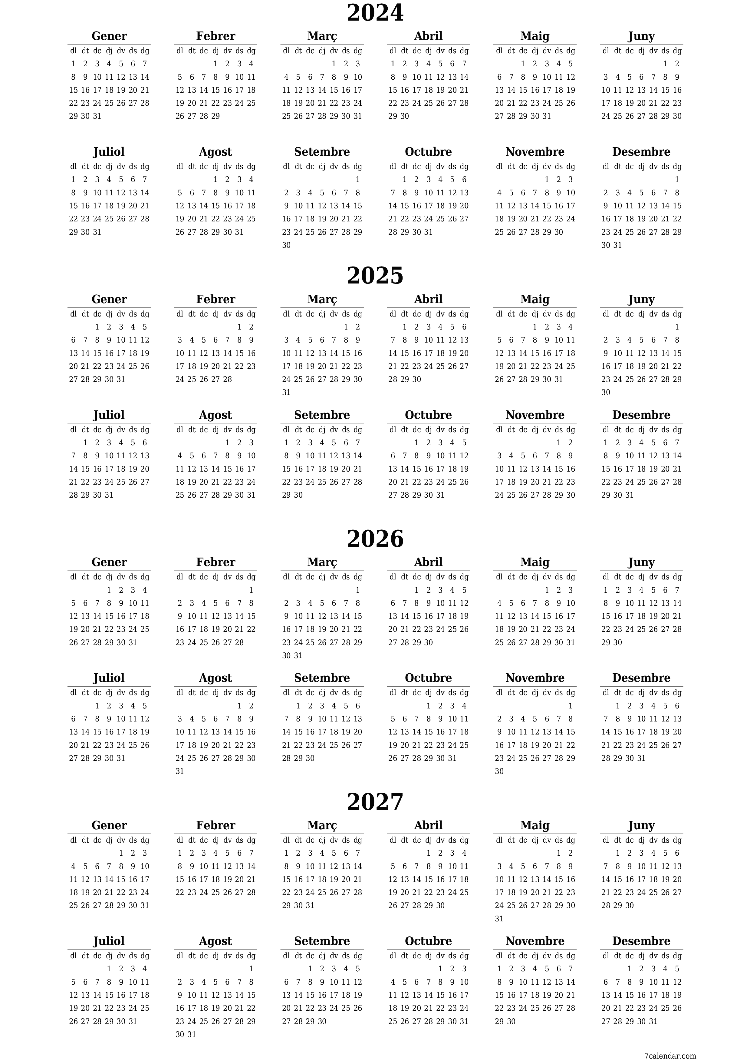  imprimible de paret plantilla de gratuïtvertical Anual calendari Desembre (Des) 2024