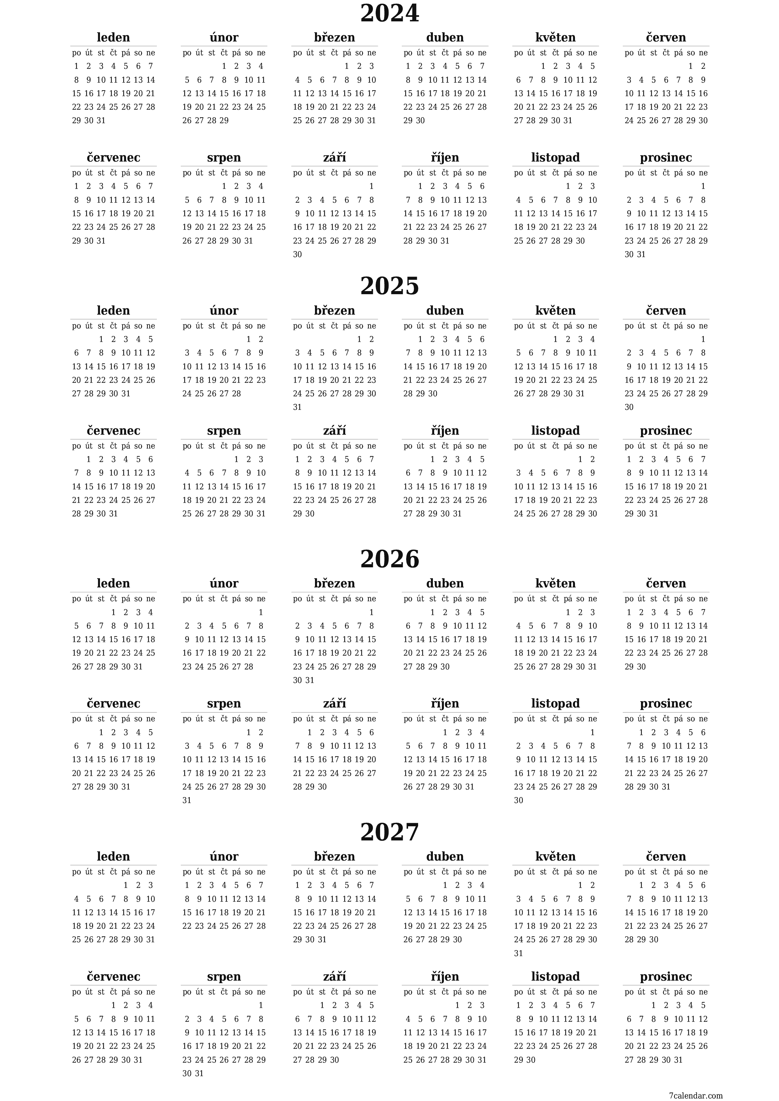  pro tisk nástěnný šablona e zdarmavertikální Roční kalendář únor (úno) 2024