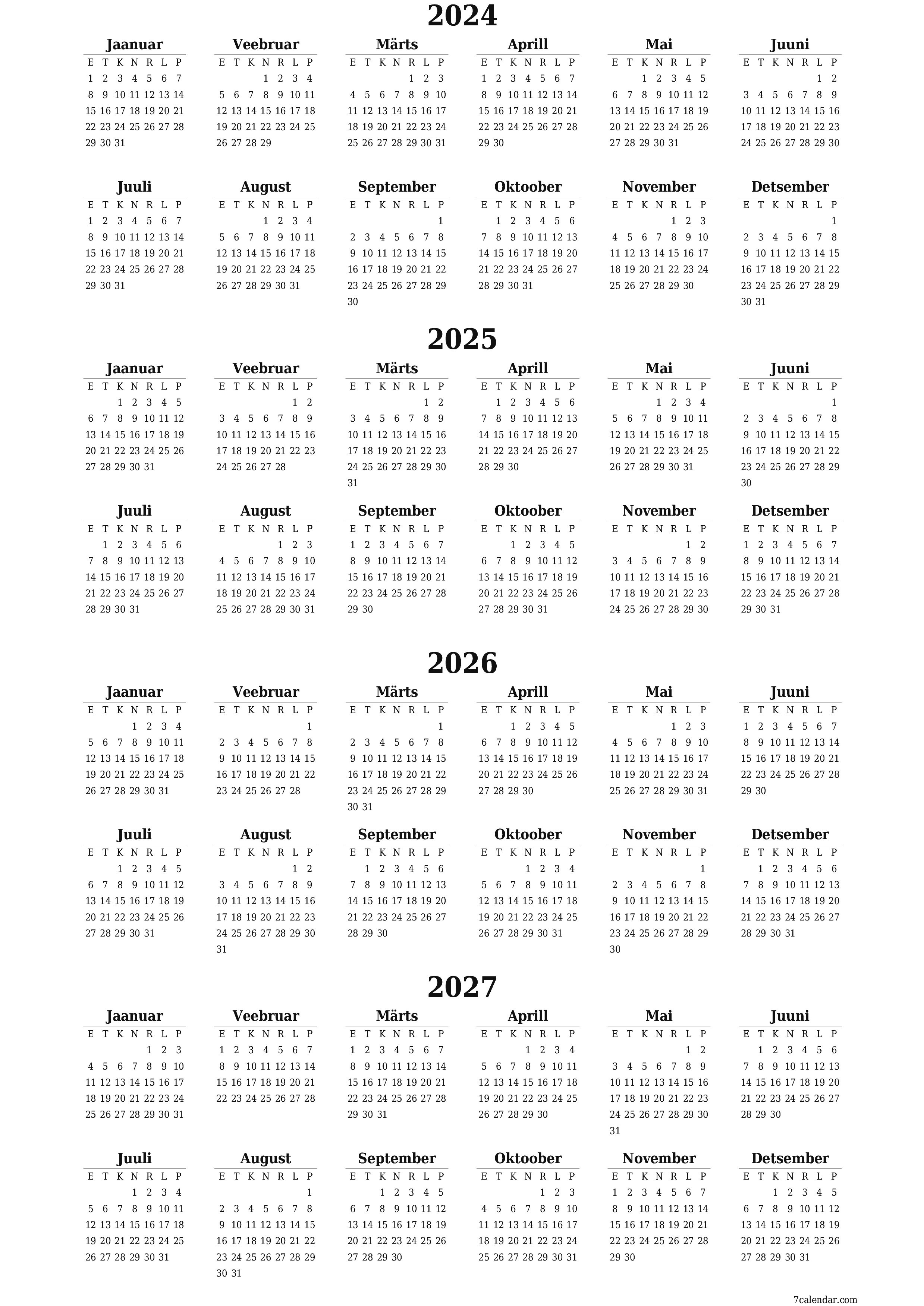 Tühi aasta planeerija kalender aastaks 2024, 2025, 2026, 2027 koos märkmetega, salvestage ja printige PDF-i PNG Estonian