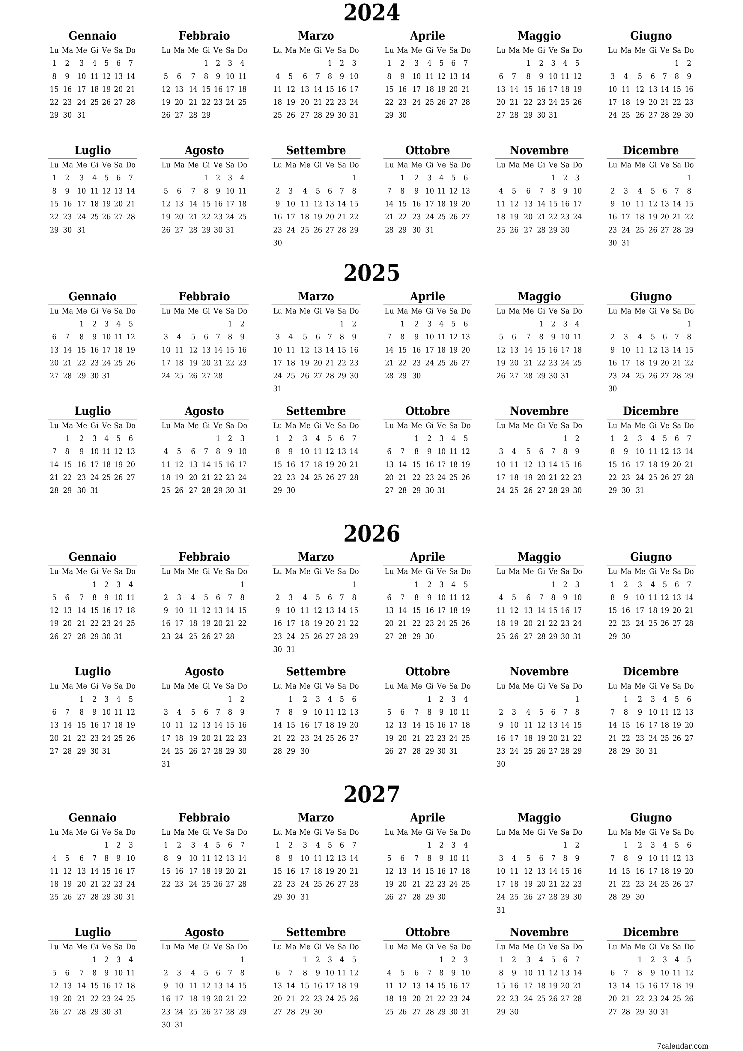 Calendario pianificatore annuale vuoto per l'anno 2024, 2025, 2026, 2027 con note, salva e stampa in PDF PNG Italian