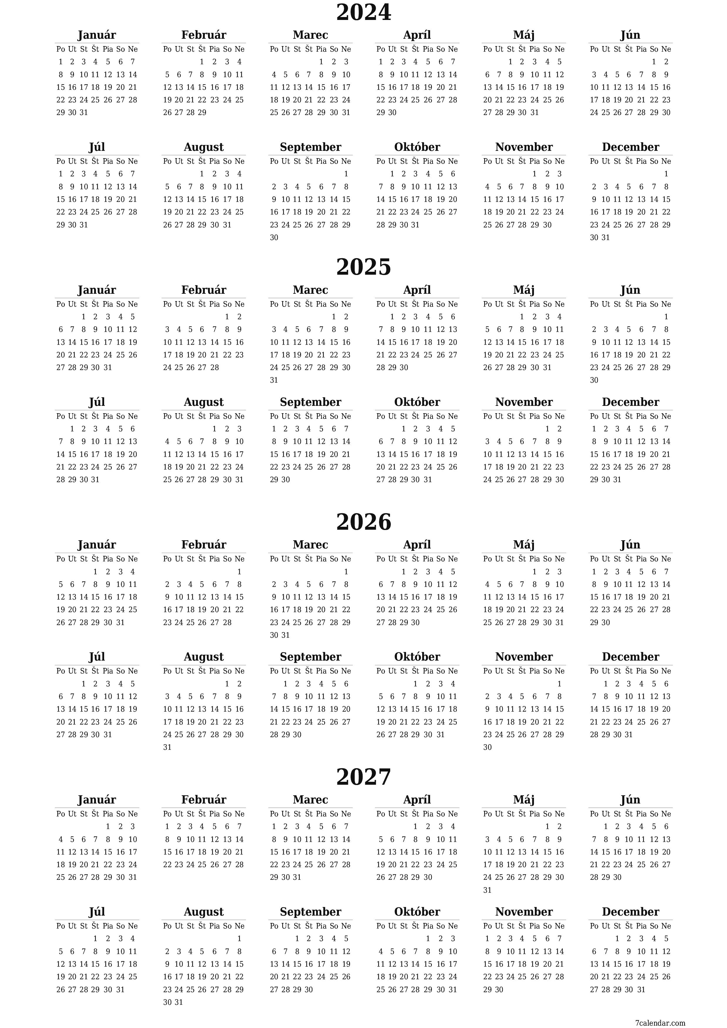 vytlačiteľný nástenný šablóna a bezplatný вертикальный Ročne kalendár Január (Jan) 2024