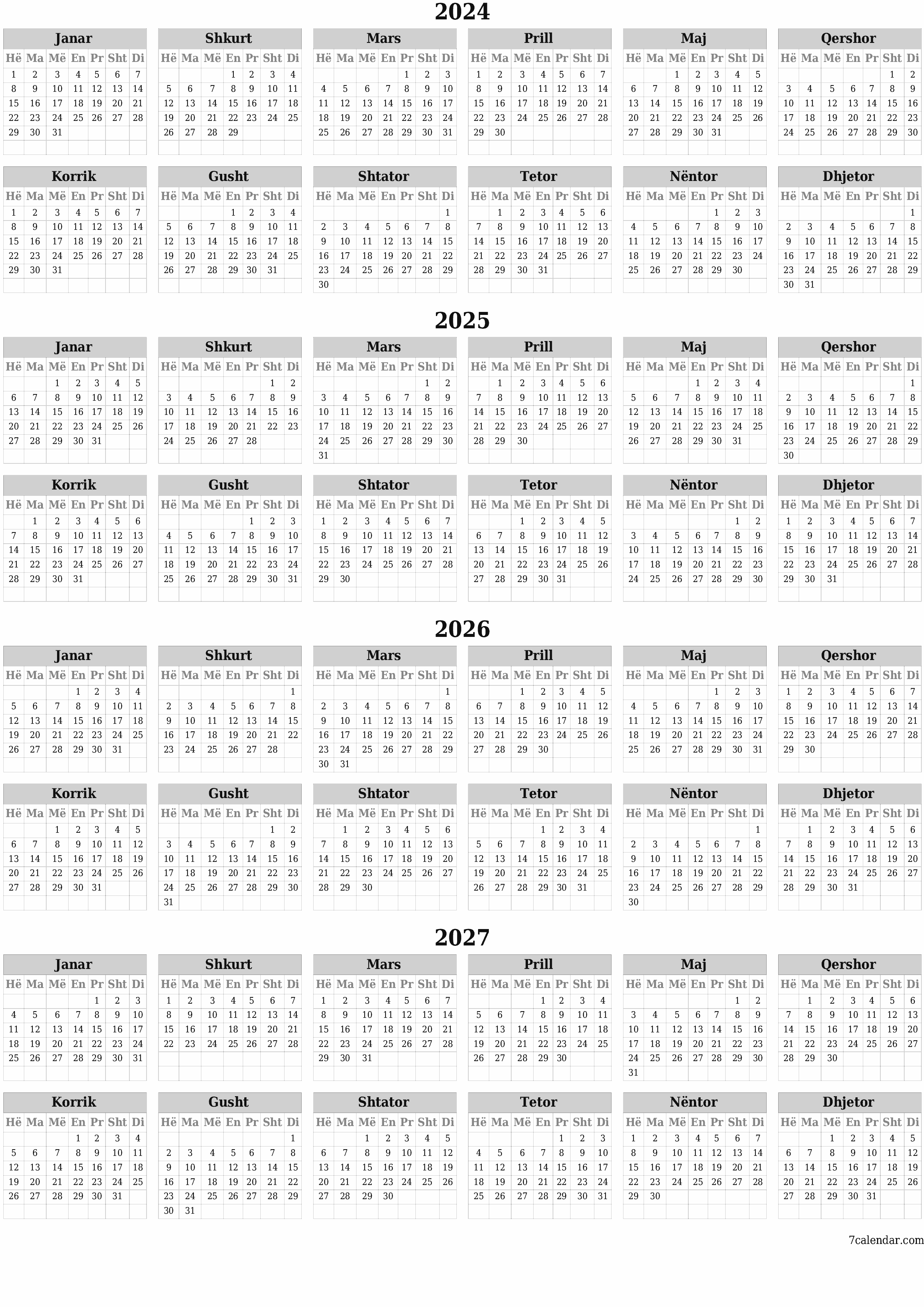 Planifikuesi bosh i kalendarit vjetor për vitin 2024, 2025, 2026, 2027 me shënime, ruani dhe printoni në PDF PNG Albanian