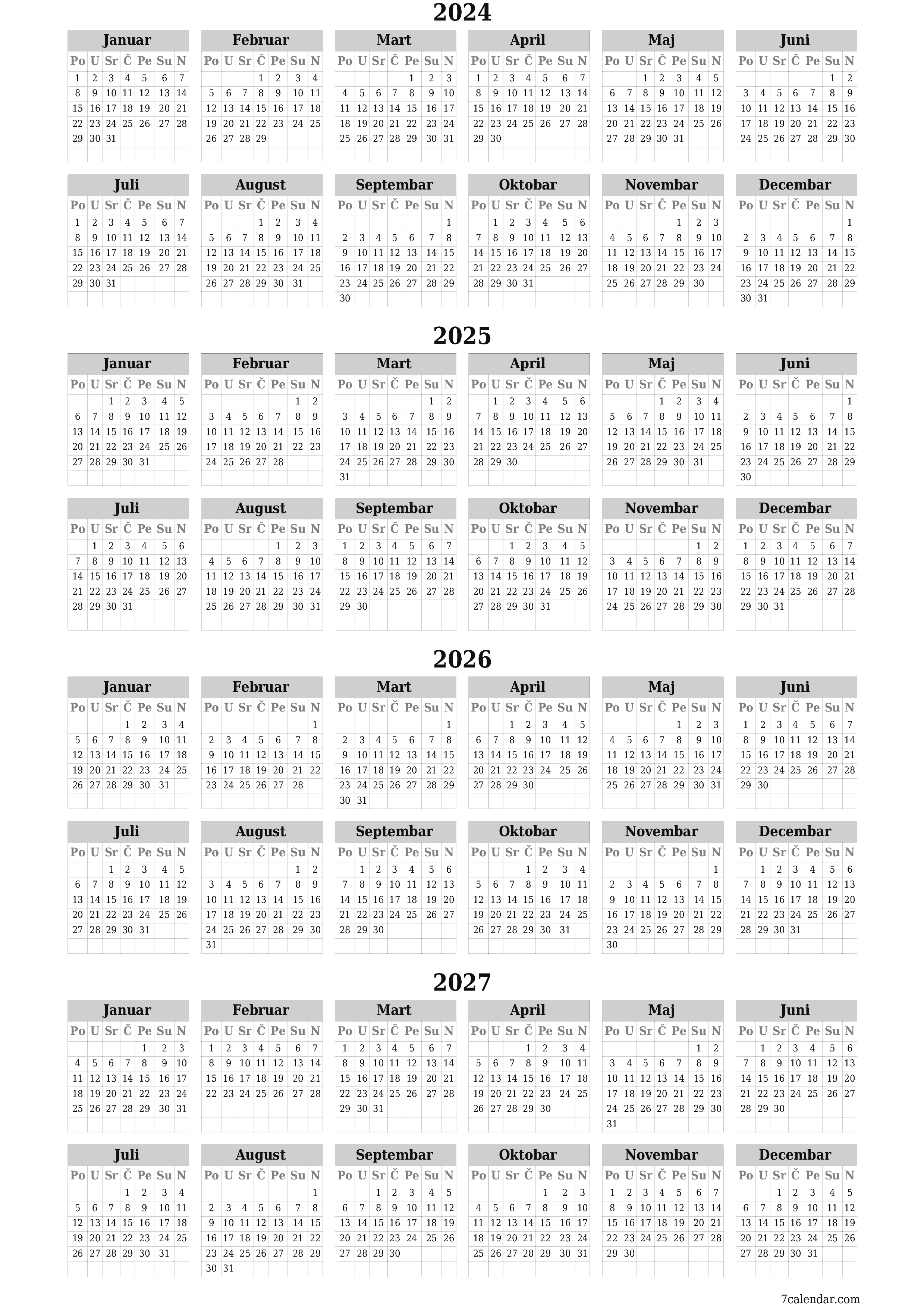Ispraznite godišnji kalendar planera za godinu 2024, 2025, 2026, 2027 s bilješkama, spremite i ispišite u PDF PNG Bosnian