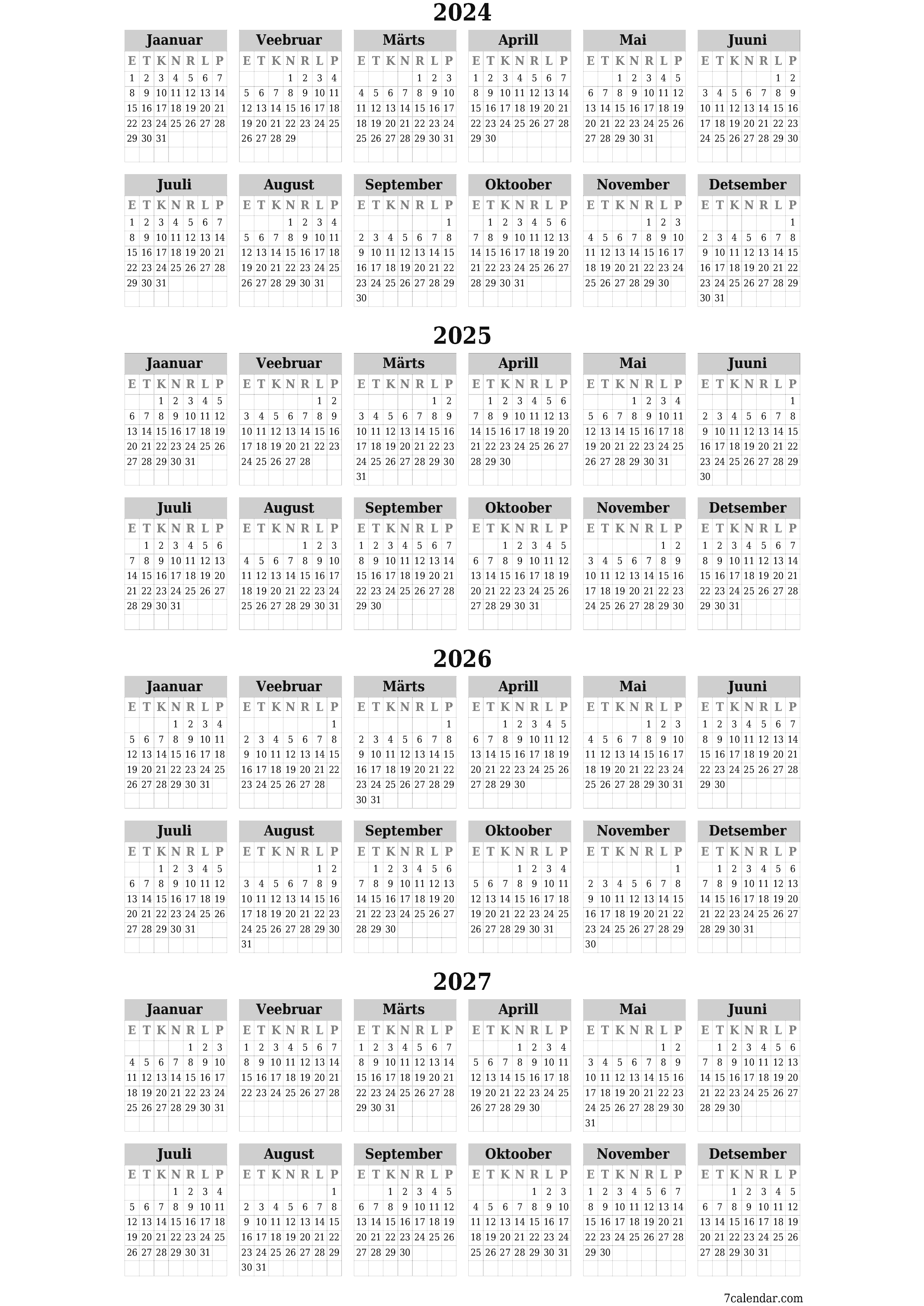 prinditav seina kalendri mall tasuta vertikaalne Iga-aastane kalender Detsember (Dets) 2024
