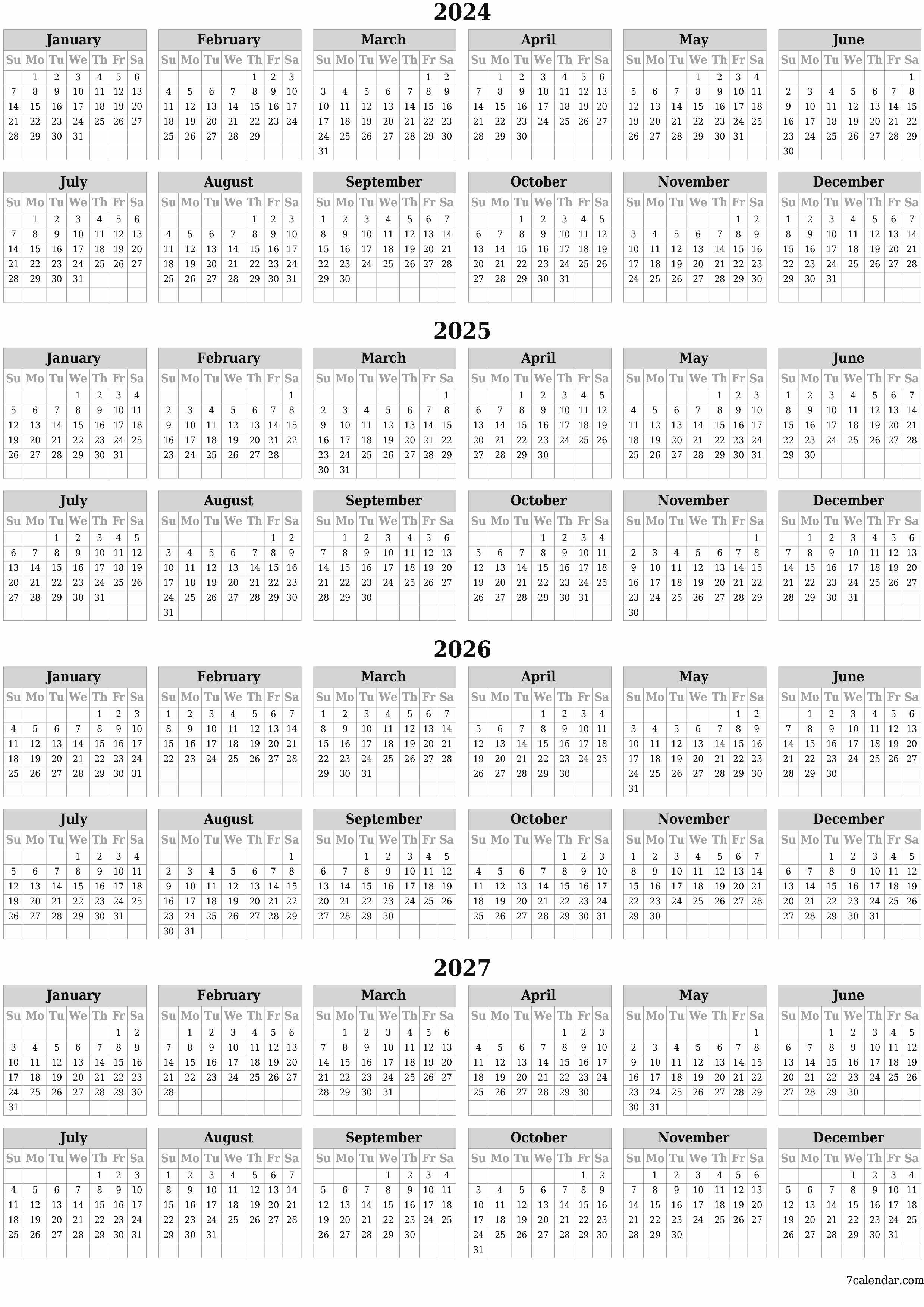 Blank calendar 2024, 2025, 2026, 2027