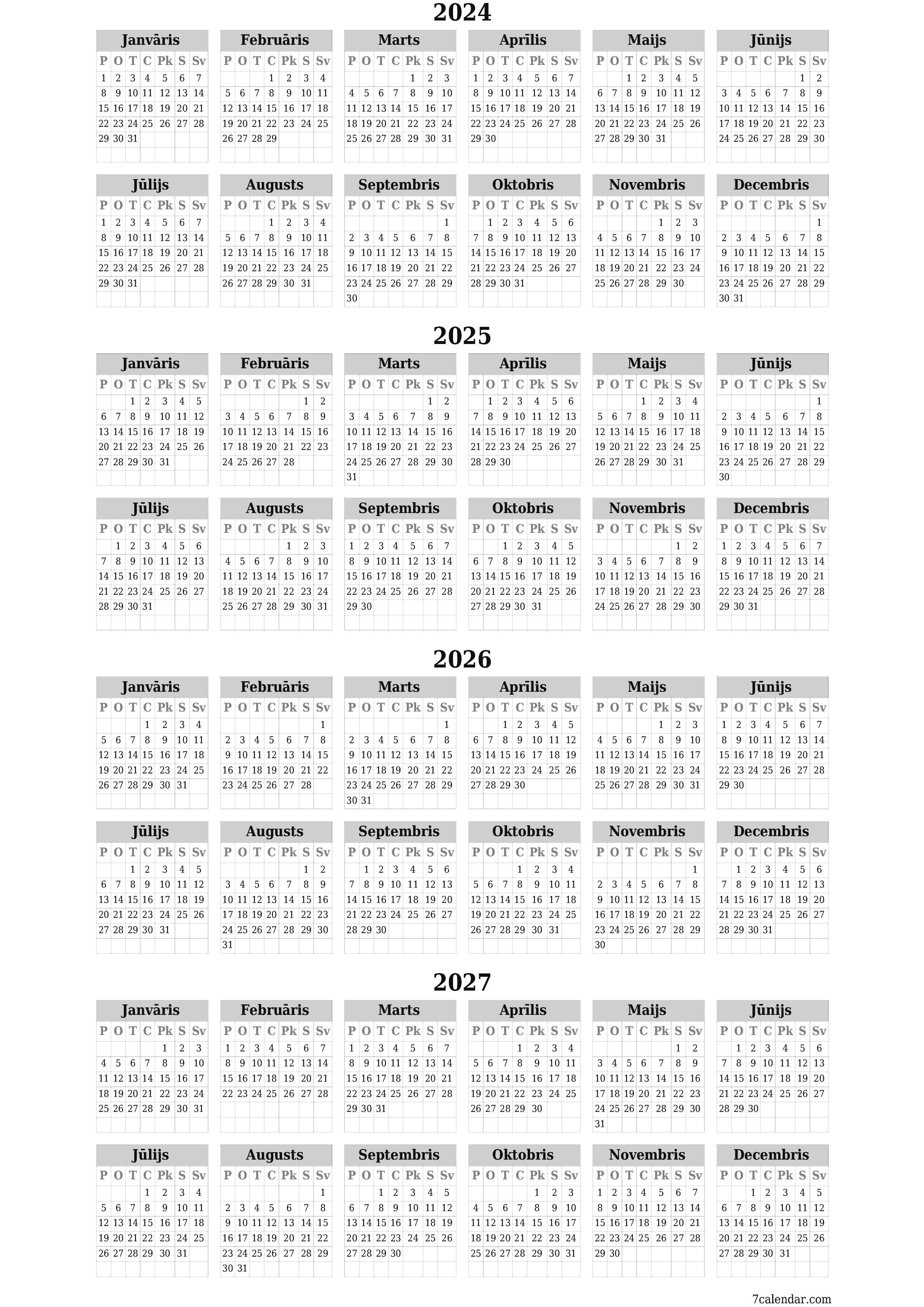 Tukšs gada plānotāja kalendārs gadam 2024, 2025, 2026, 2027 ar piezīmēm, saglabāšana un izdrukāšana PDF formātā PNG Latvian
