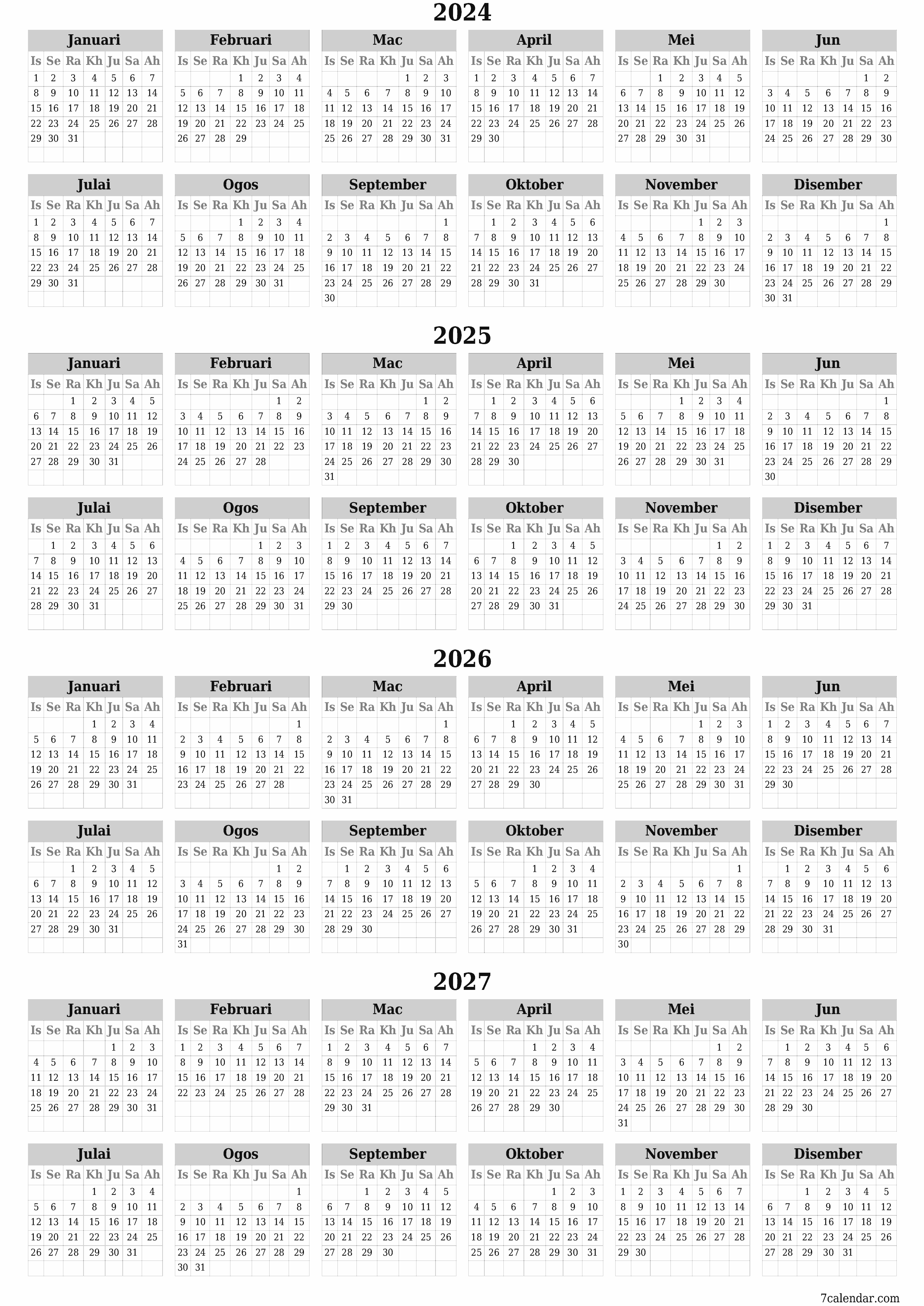 Kalendar perancang tahunan kosong untuk tahun ini 2024, 2025, 2026, 2027 dengan nota, simpan dan cetak ke PDF PNG Malay