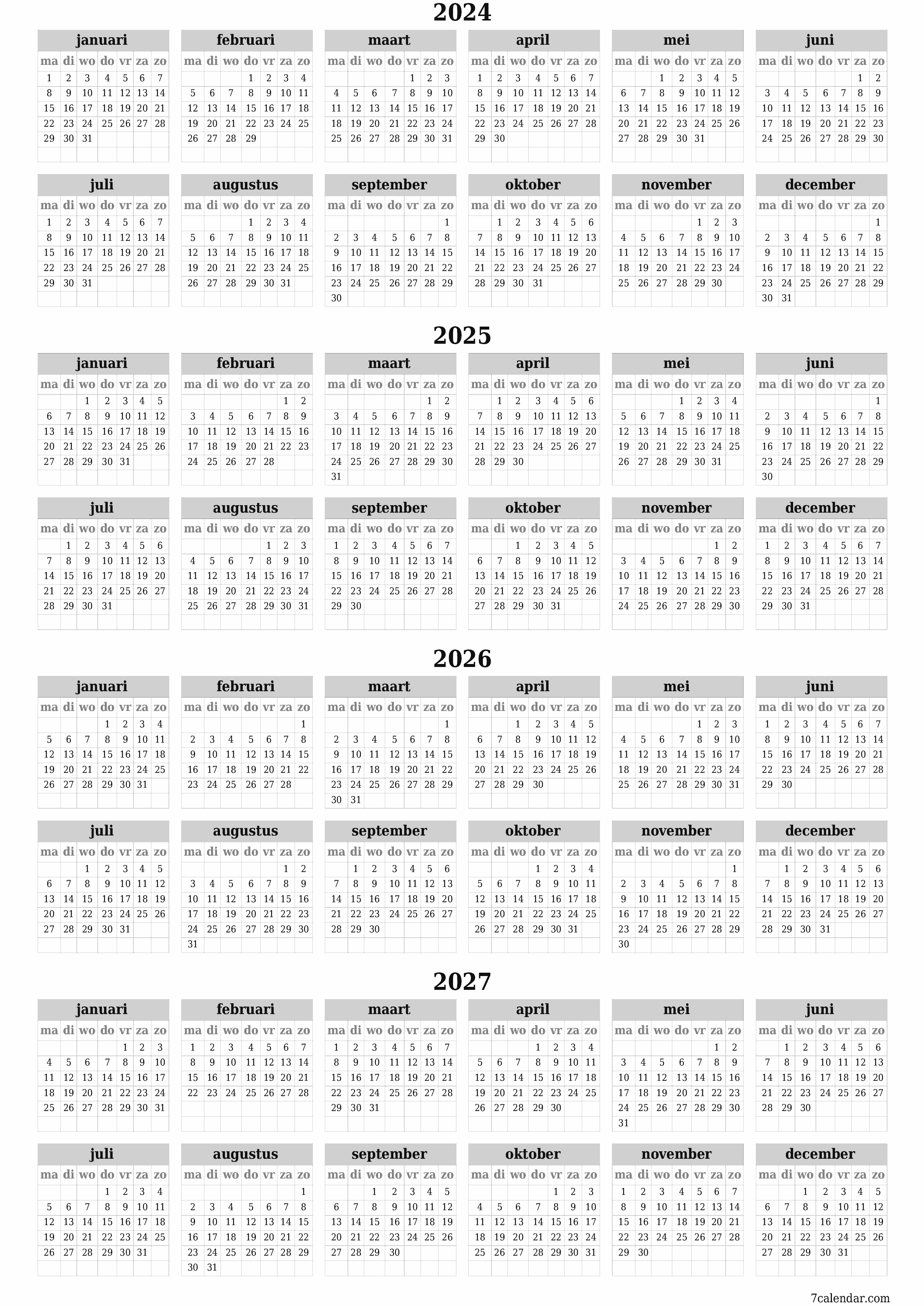 Lege jaarplanningskalender voor het jaar 2024, 2025, 2026, 2027 met notities, opslaan en afdrukken naar pdf PNG Dutch