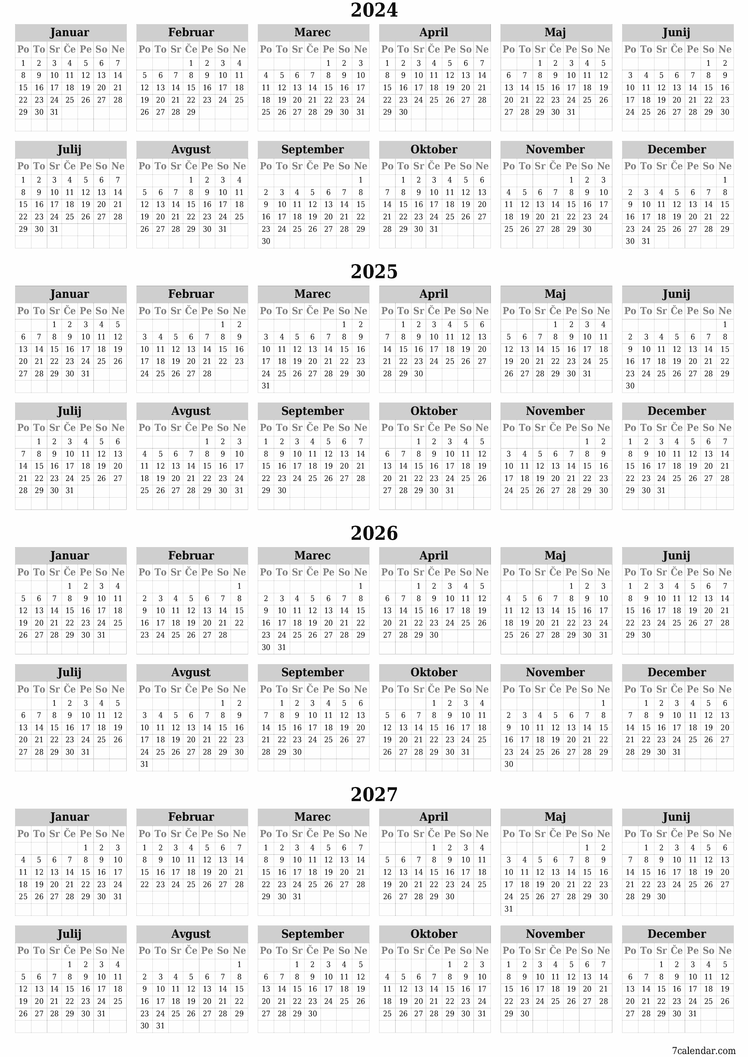 Prazen letni načrtovalec koledarja za leto 2024, 2025, 2026, 2027 z opombami za tiskanje v PDF-ju PNG Slovenian