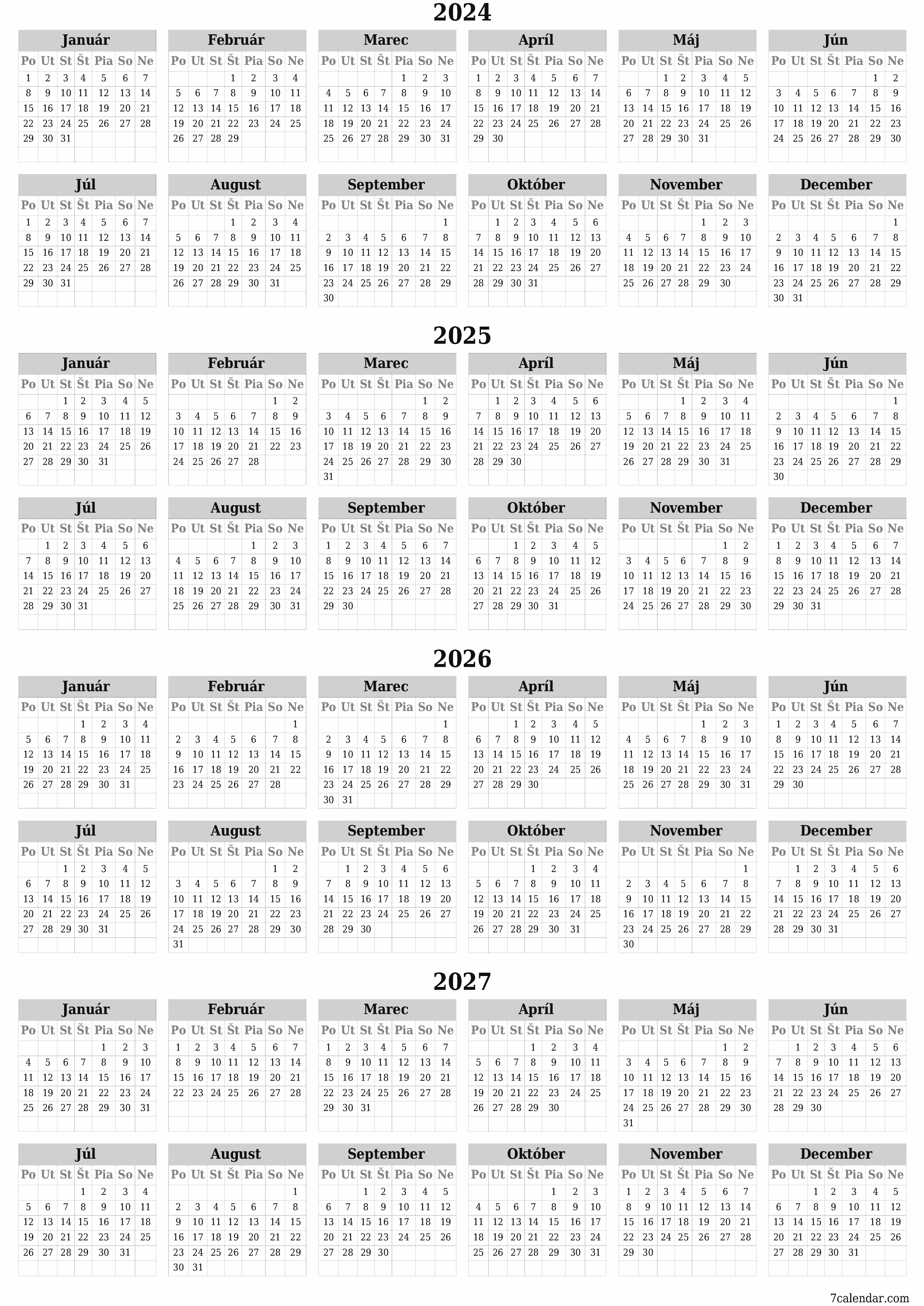 Prázdny ročný kalendár plánovača na rok 2024, 2025, 2026, 2027 s poznámkami, uložením a tlačou do formátu PDF PNG Slovak