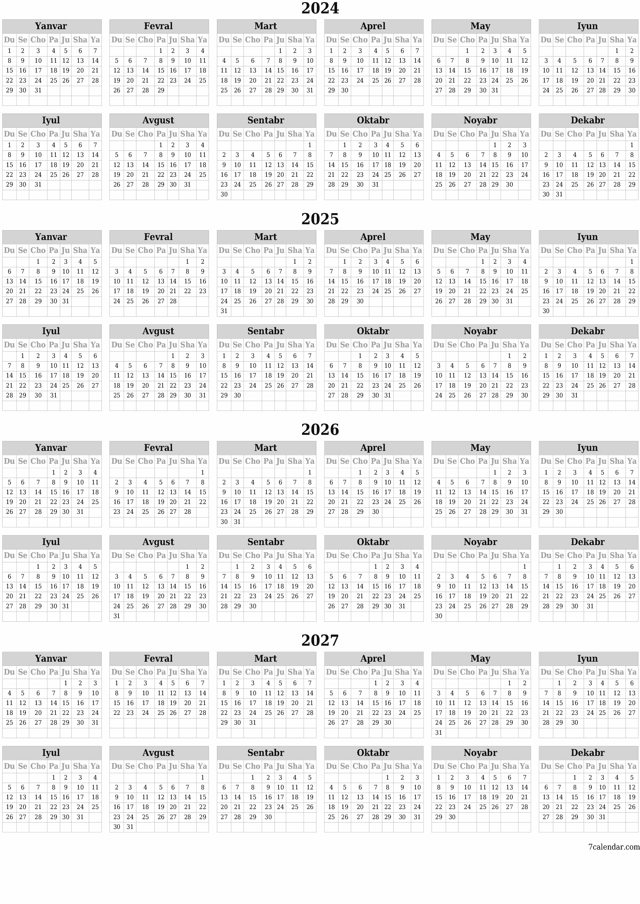 chop etiladigan devor taqvimi shabloni bepul vertikal Yillik kalendar Dekabr (Dek) 2024