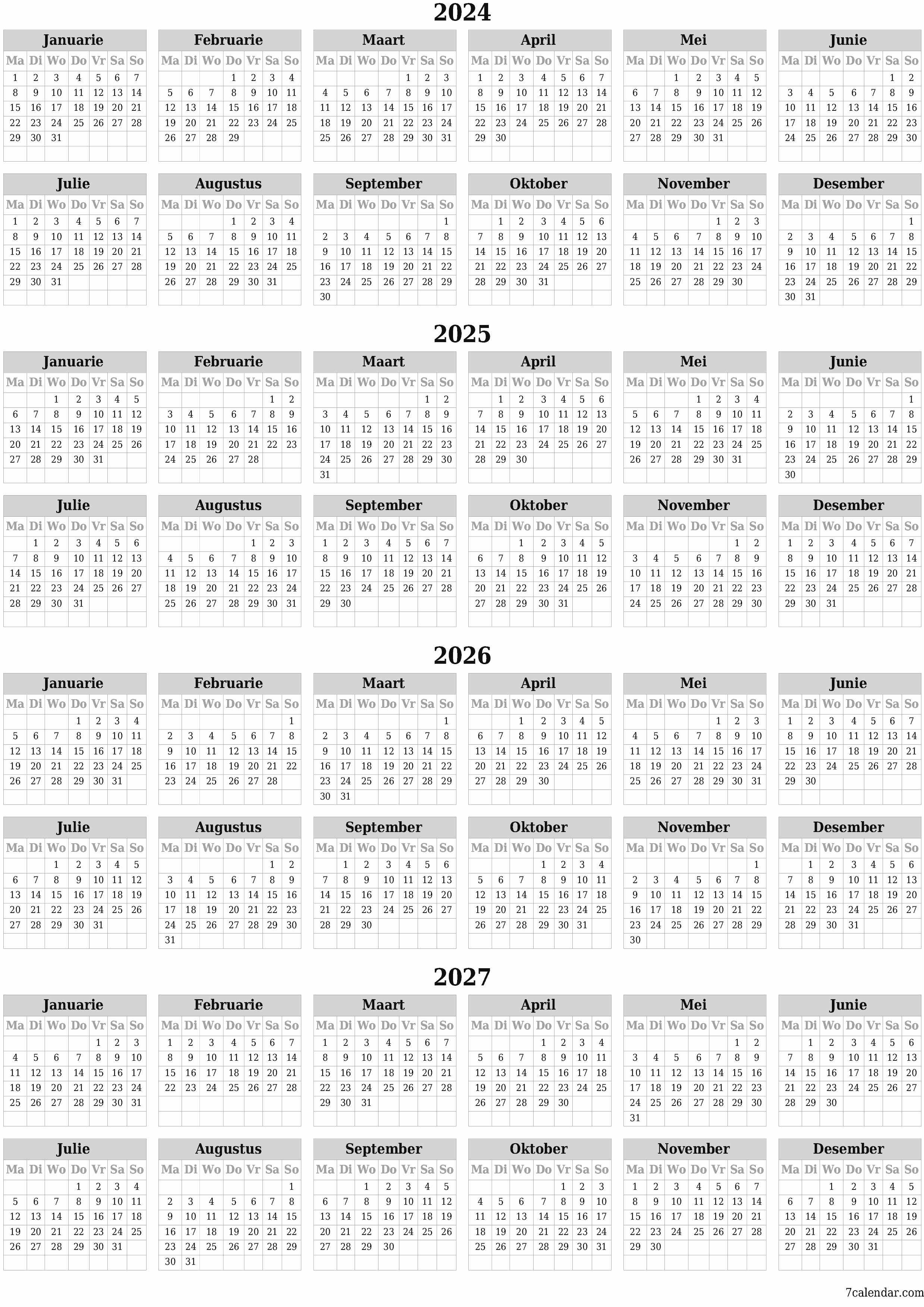Leë jaarlikse drukbare kalender en beplanner vir die jaar 2024, 2025, 2026, 2027 met notas, stoor en druk na PDF PNG Afrikaans