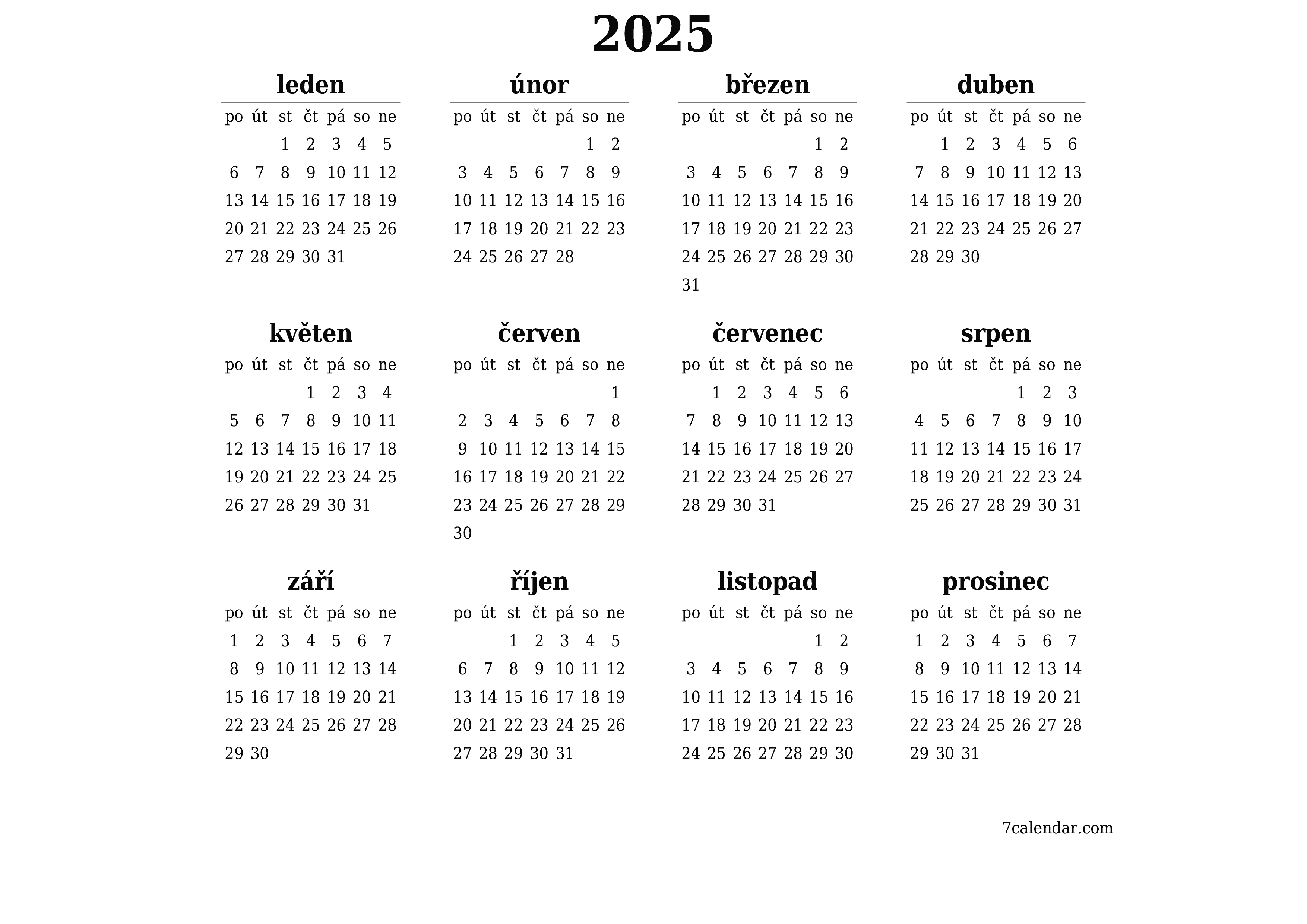  pro tisk nástěnný šablona e zdarmahorizontální Roční kalendář červen (čvn) 2025