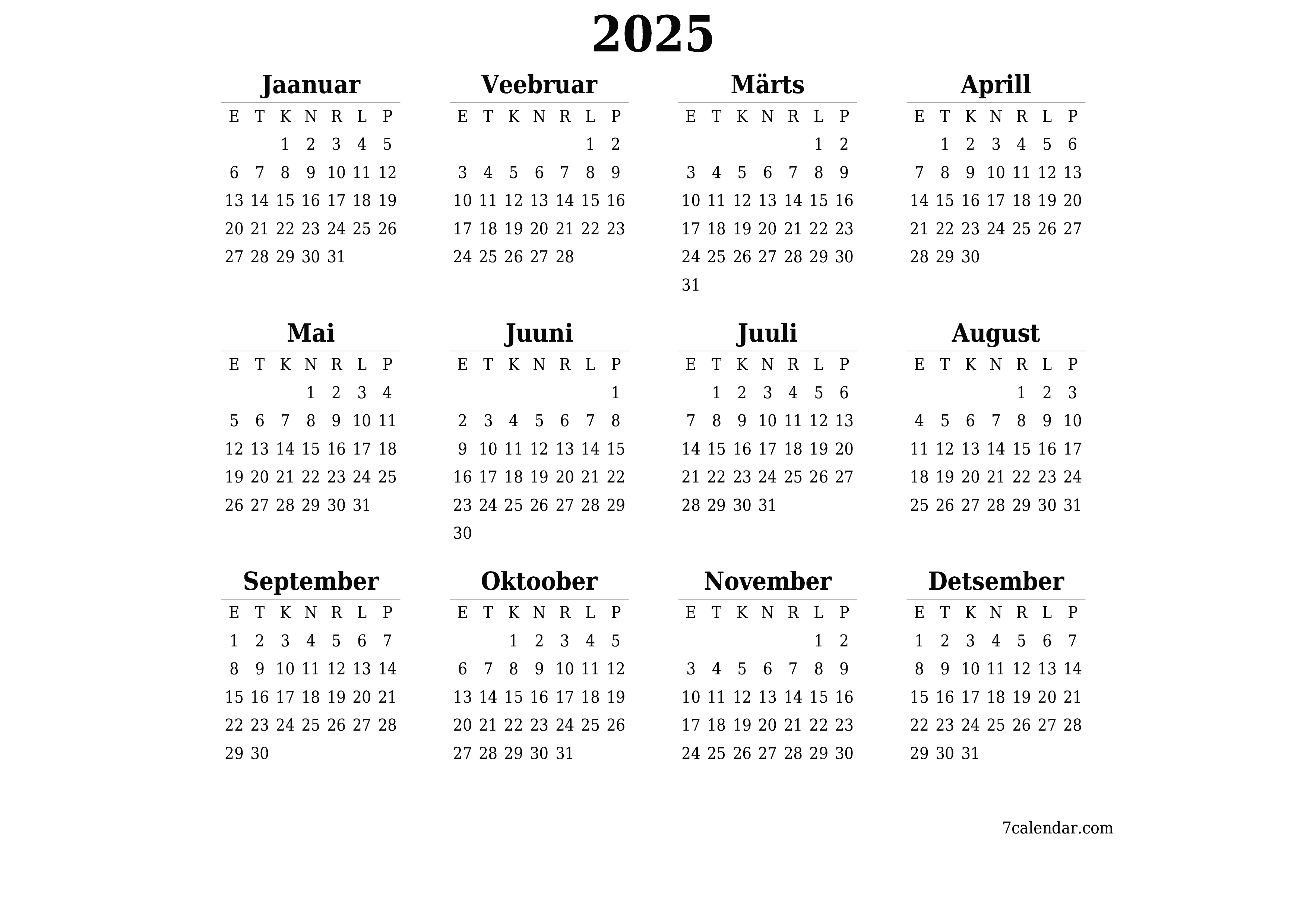 Tühi aasta planeerija kalender aastaks 2025 koos märkmetega, salvestage ja printige PDF-i PNG Estonian