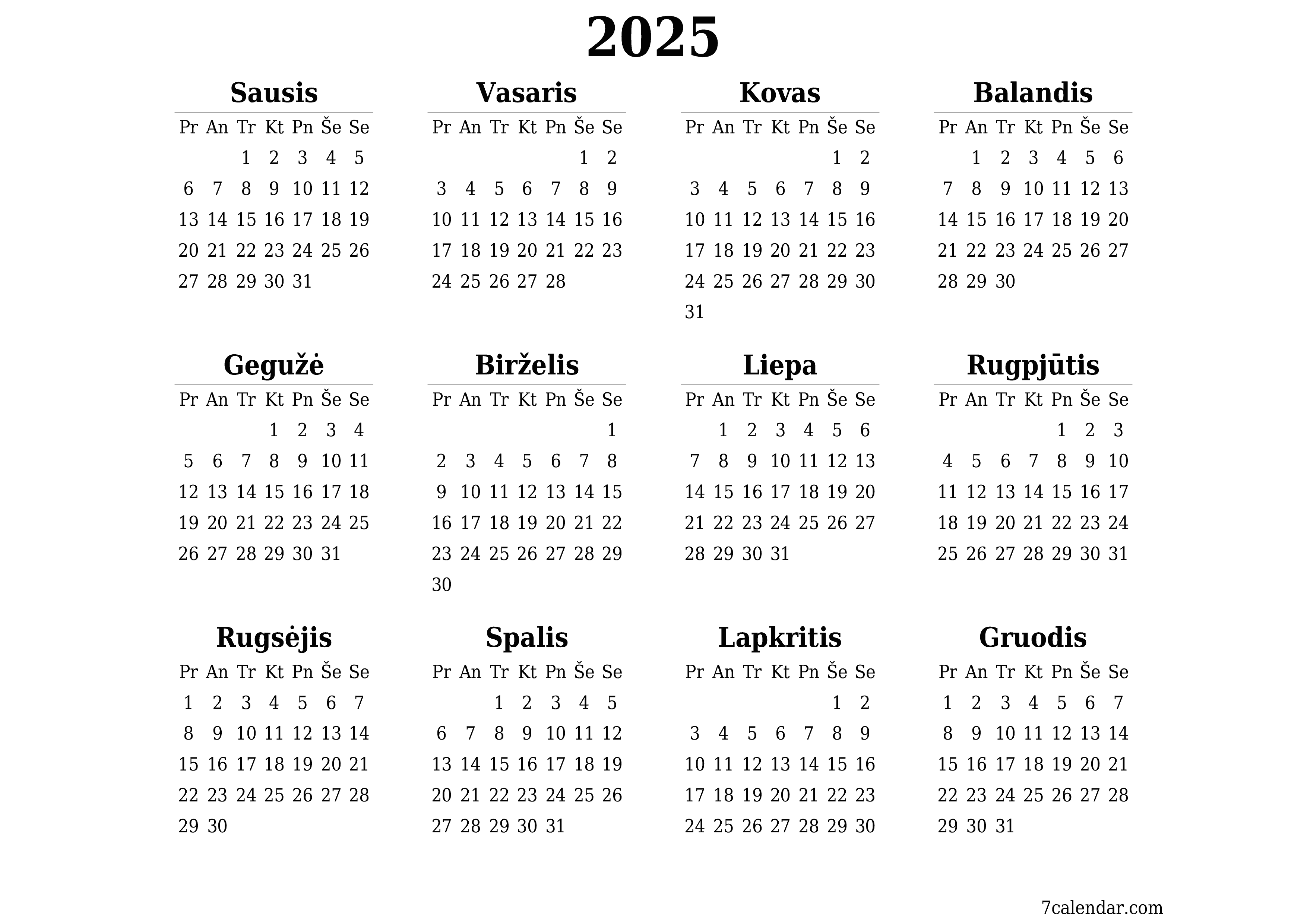 Tuščias metų planavimo kalendorius 2025 su užrašais, išsaugokite ir atsispausdinkite PDF formatu PNG Lithuanian