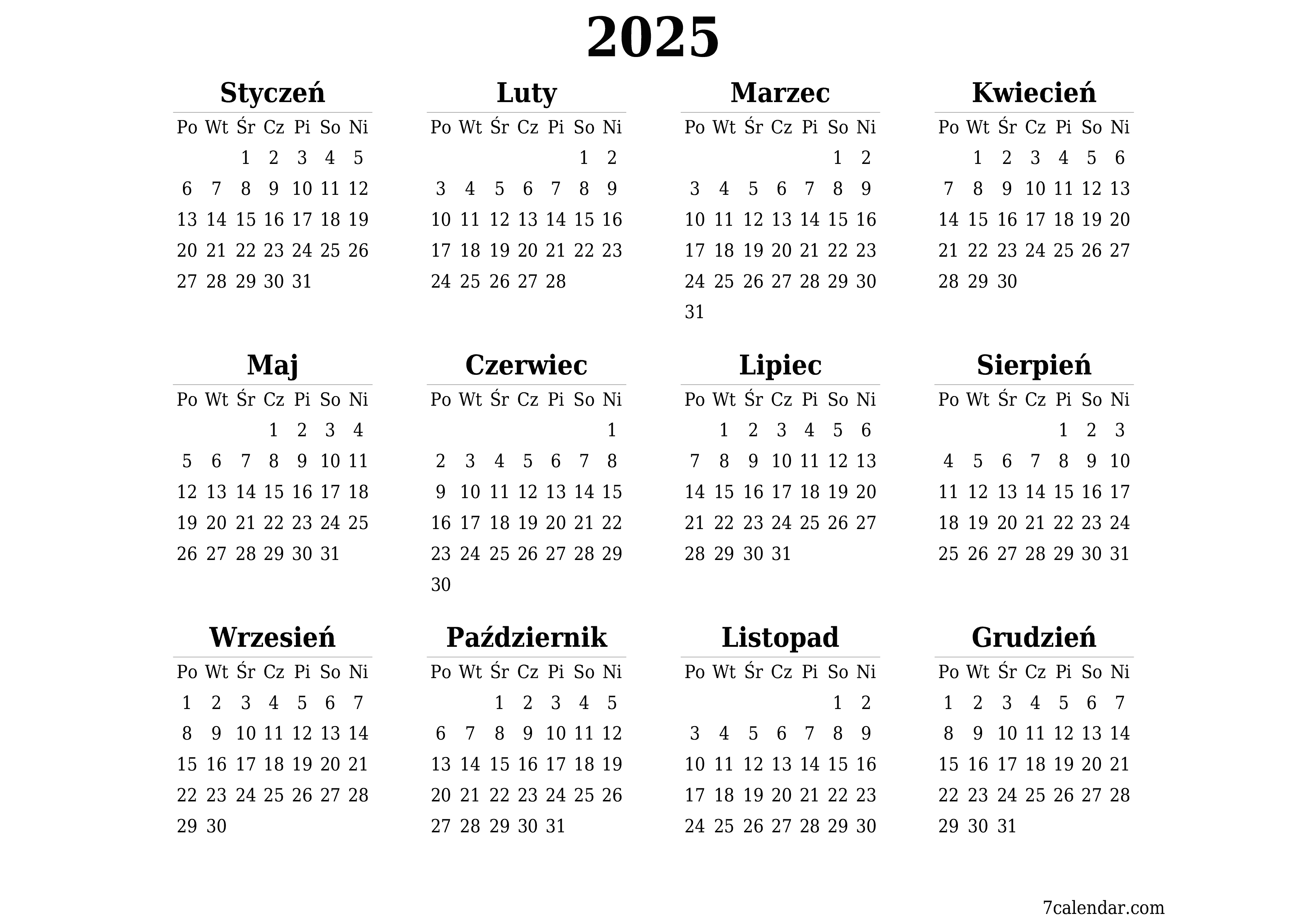 Opróżnij kalendarz rocznego planowania na rok 2025 z notatkami, zapisz i wydrukuj w formacie PDF PNG Polish