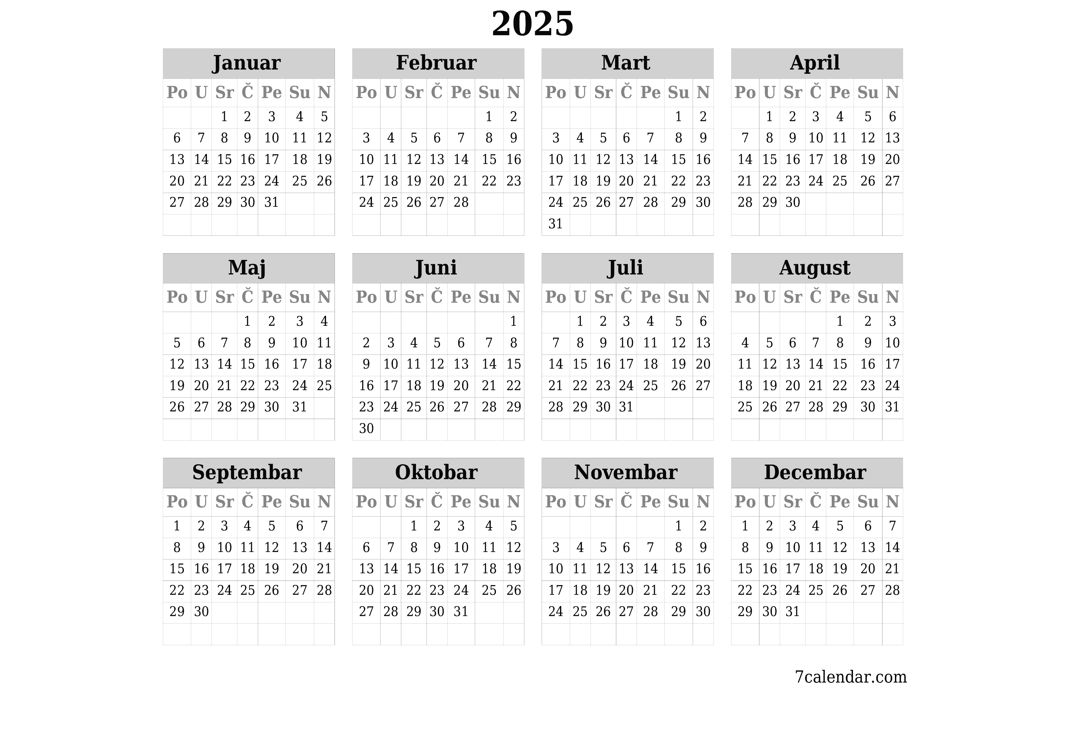 Ispraznite godišnji kalendar planera za godinu 2025 s bilješkama, spremite i ispišite u PDF PNG Bosnian
