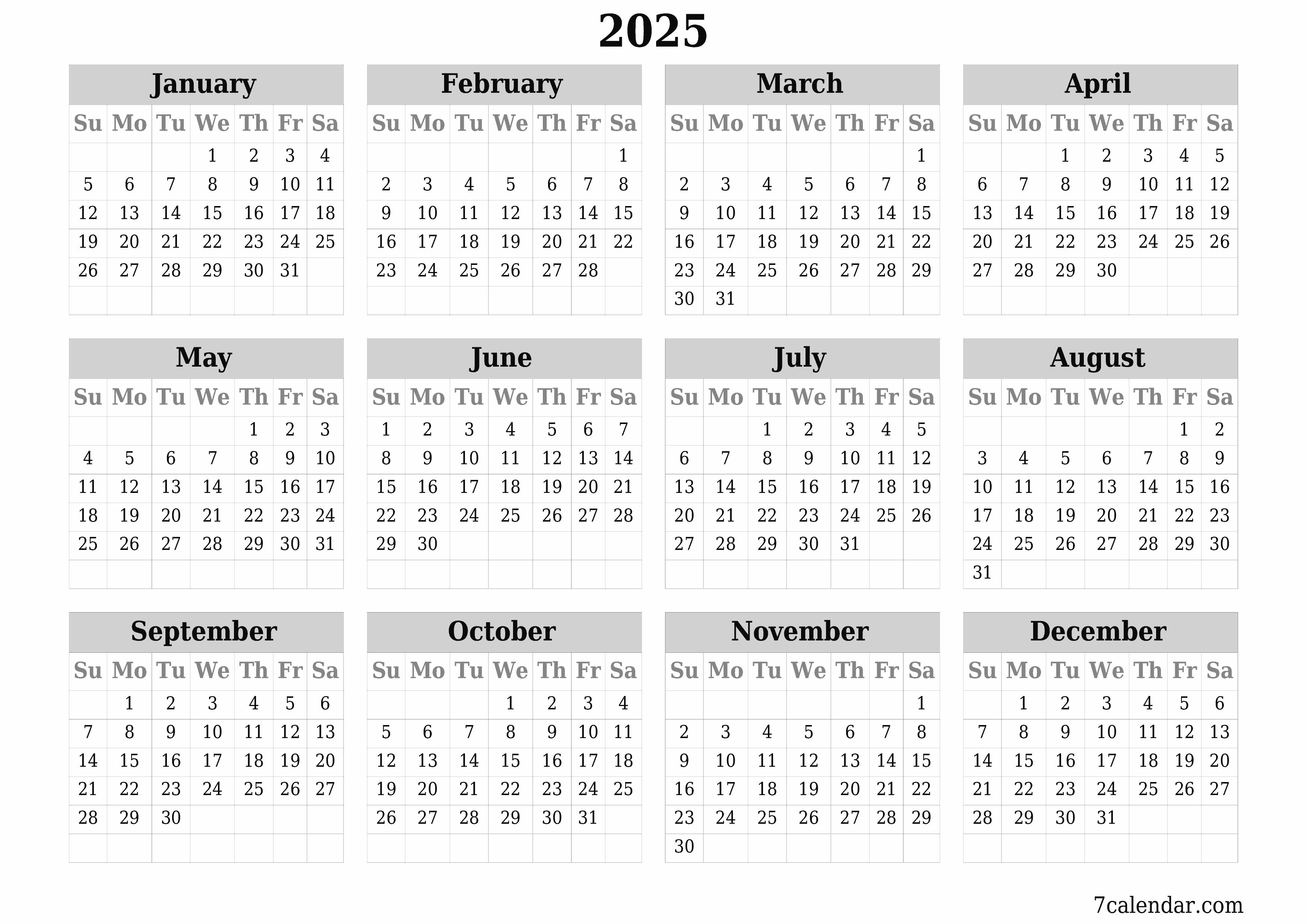printable wall template free horizontal Yearly calendar February (Feb) 2025