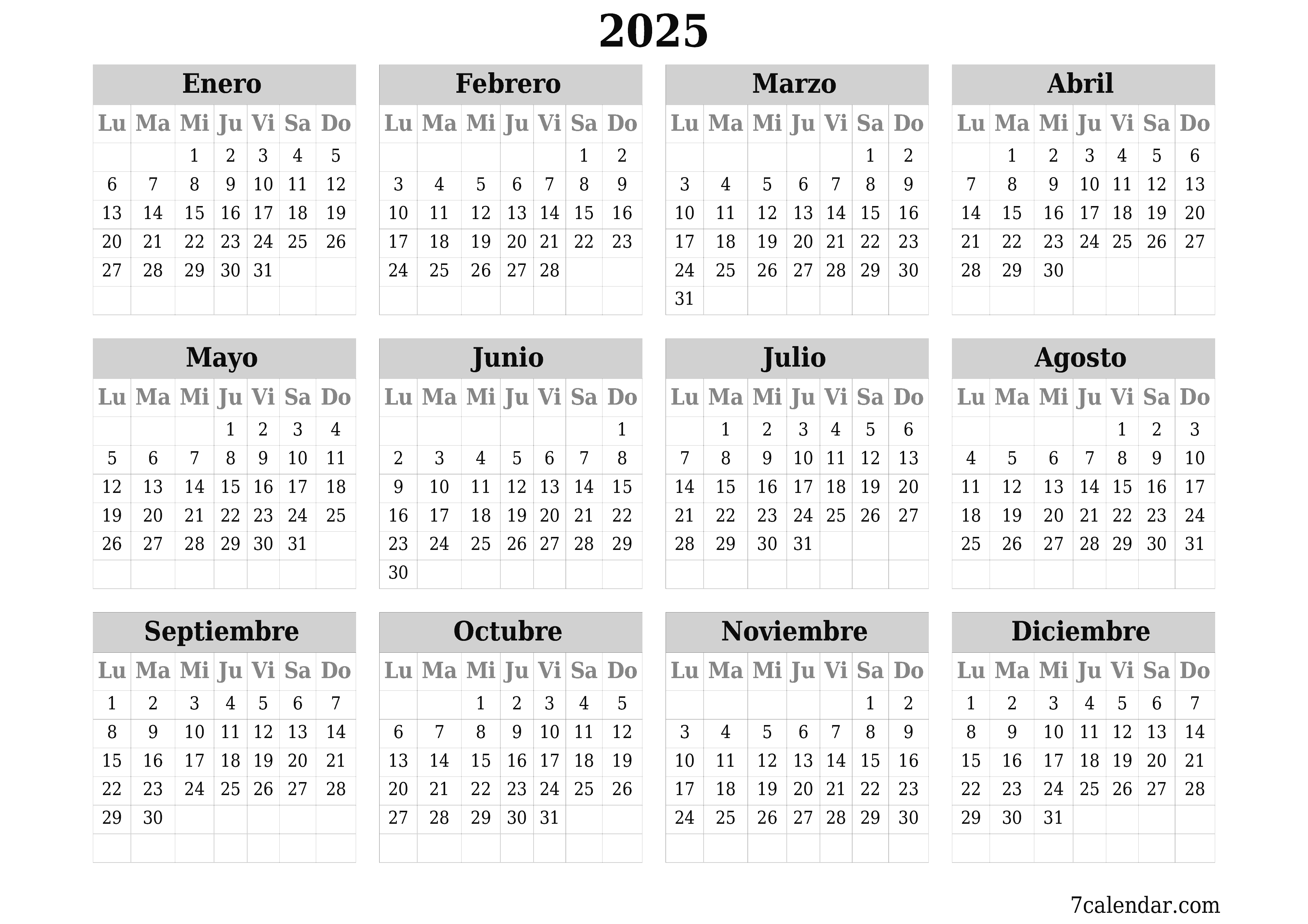 Calendario planificador anual vacío para el año 2025 con notas, guardar e imprimir en PDF PNG Spanish