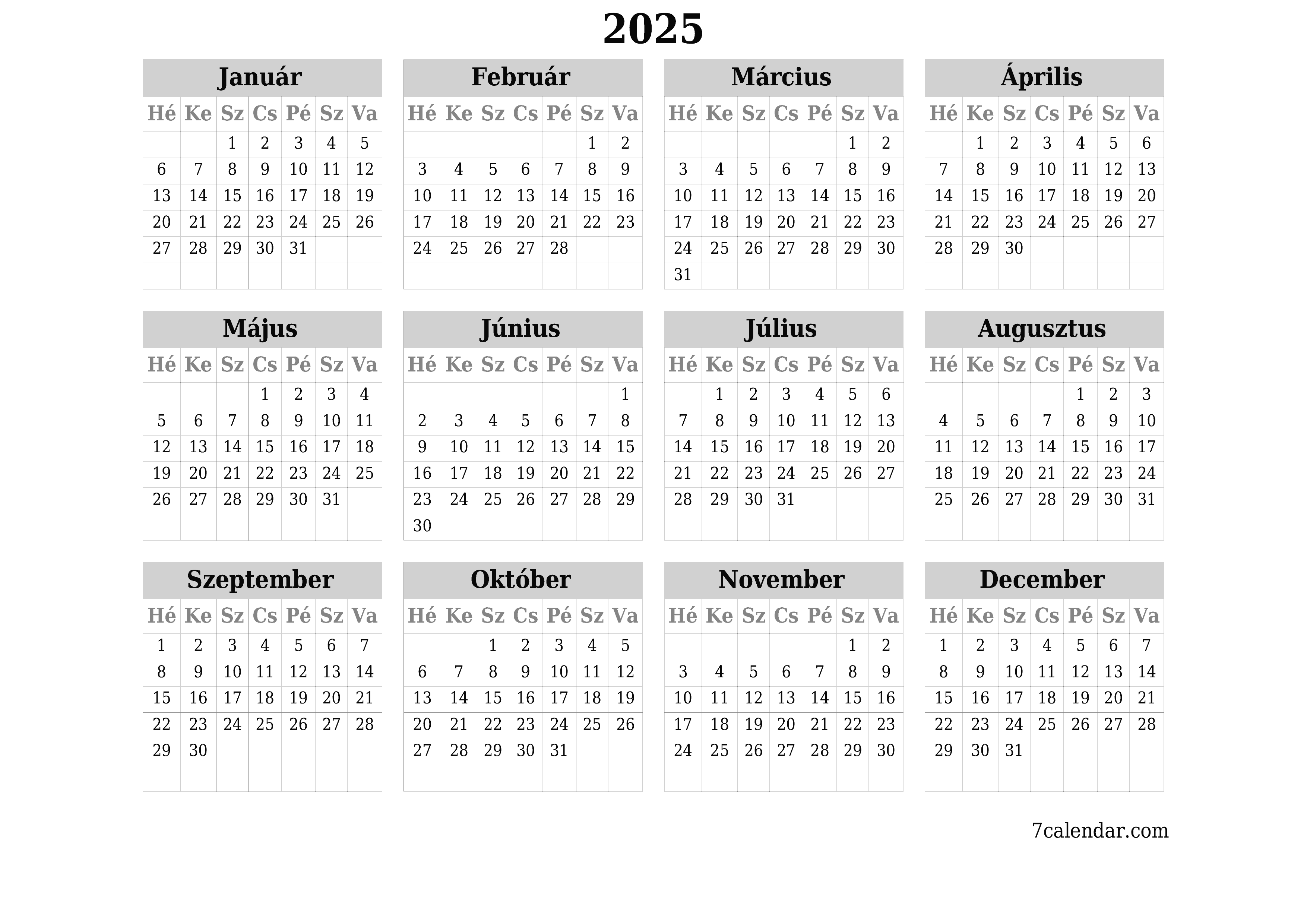 nyomtatható fali sablon ingyenes vízszintes Éves naptár Június (Jún) 2025