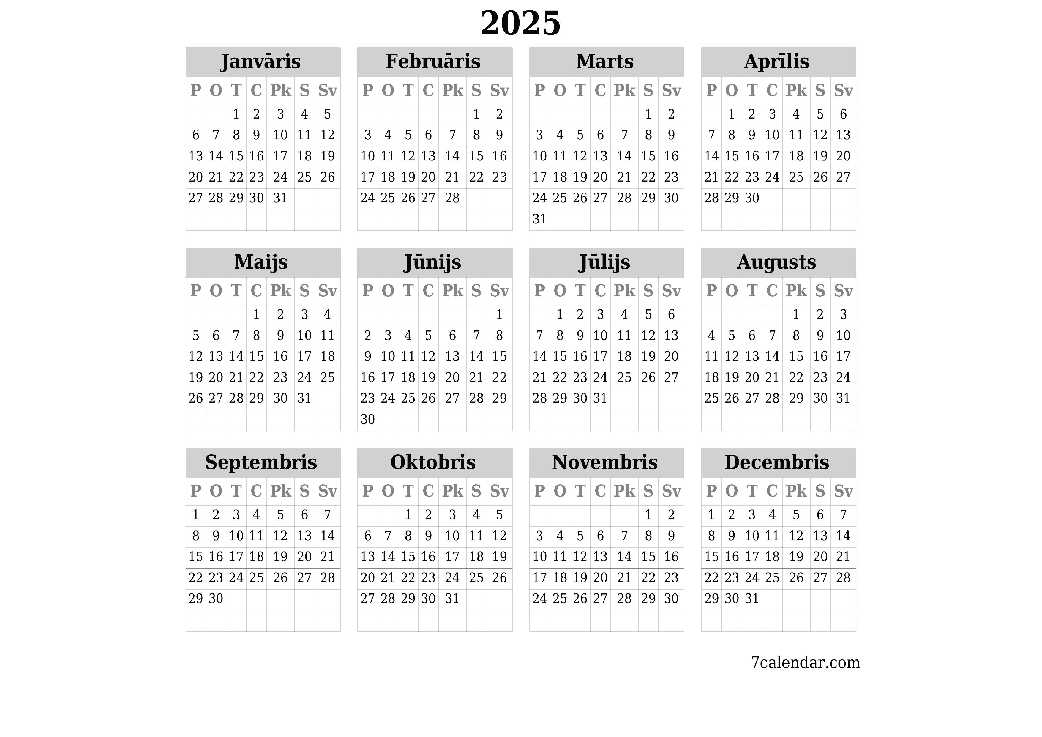 Tukšs gada plānotāja kalendārs gadam 2025 ar piezīmēm, saglabāšana un izdrukāšana PDF formātā PNG Latvian