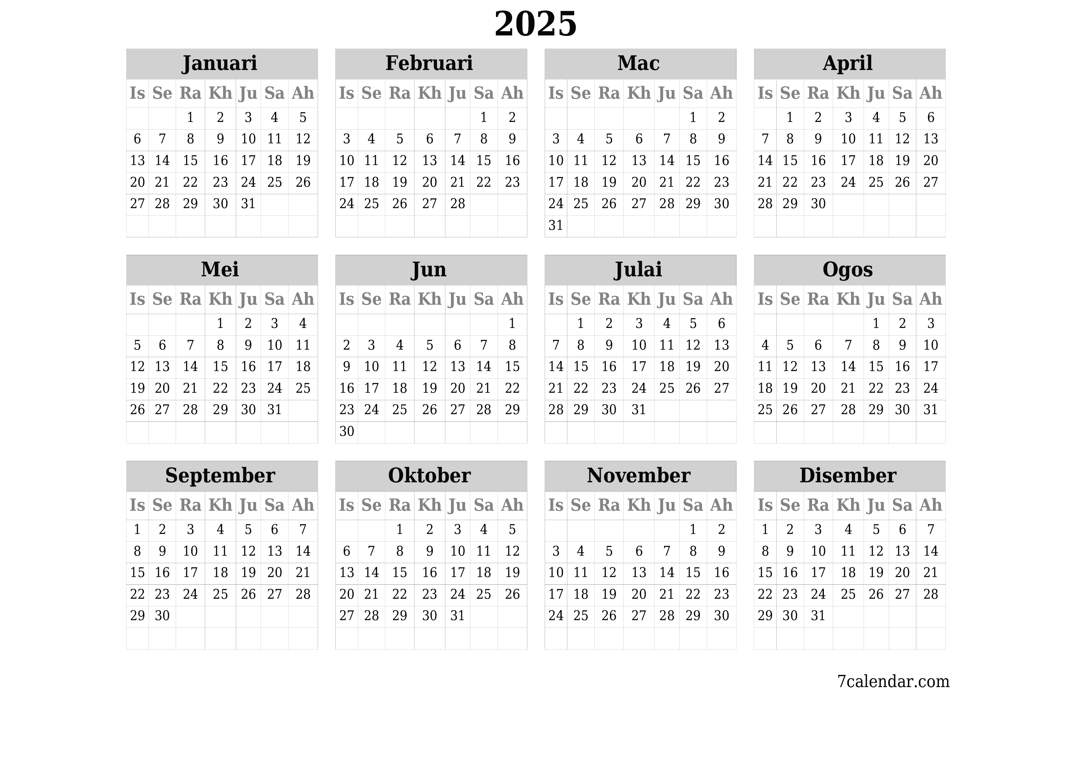 Kalendar perancang tahunan kosong untuk tahun ini 2025 dengan nota, simpan dan cetak ke PDF PNG Malay