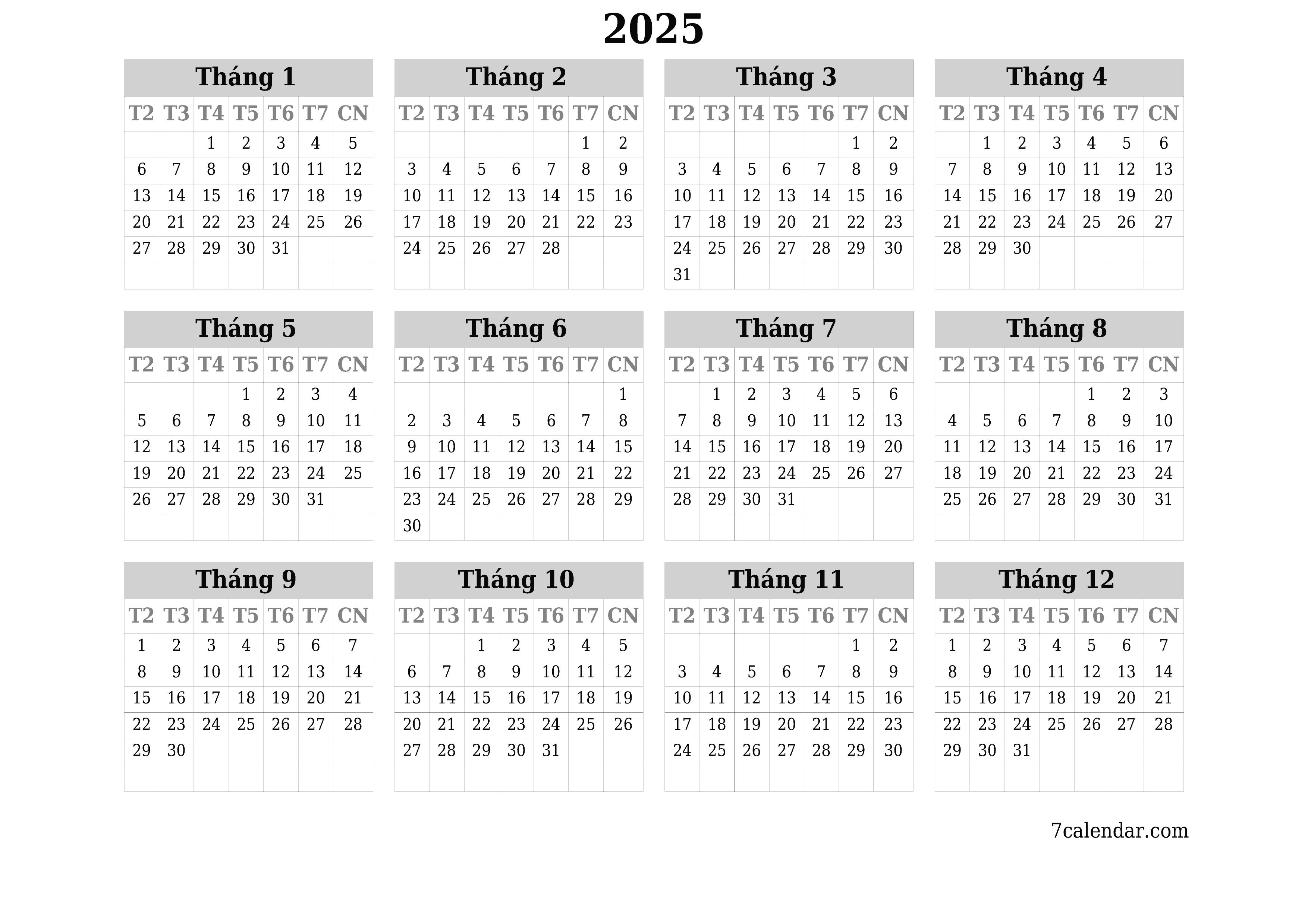 Lịch kế hoạch hàng năm trống cho năm 2025 có ghi chú, lưu và in sang PDF PNG Vietnamese