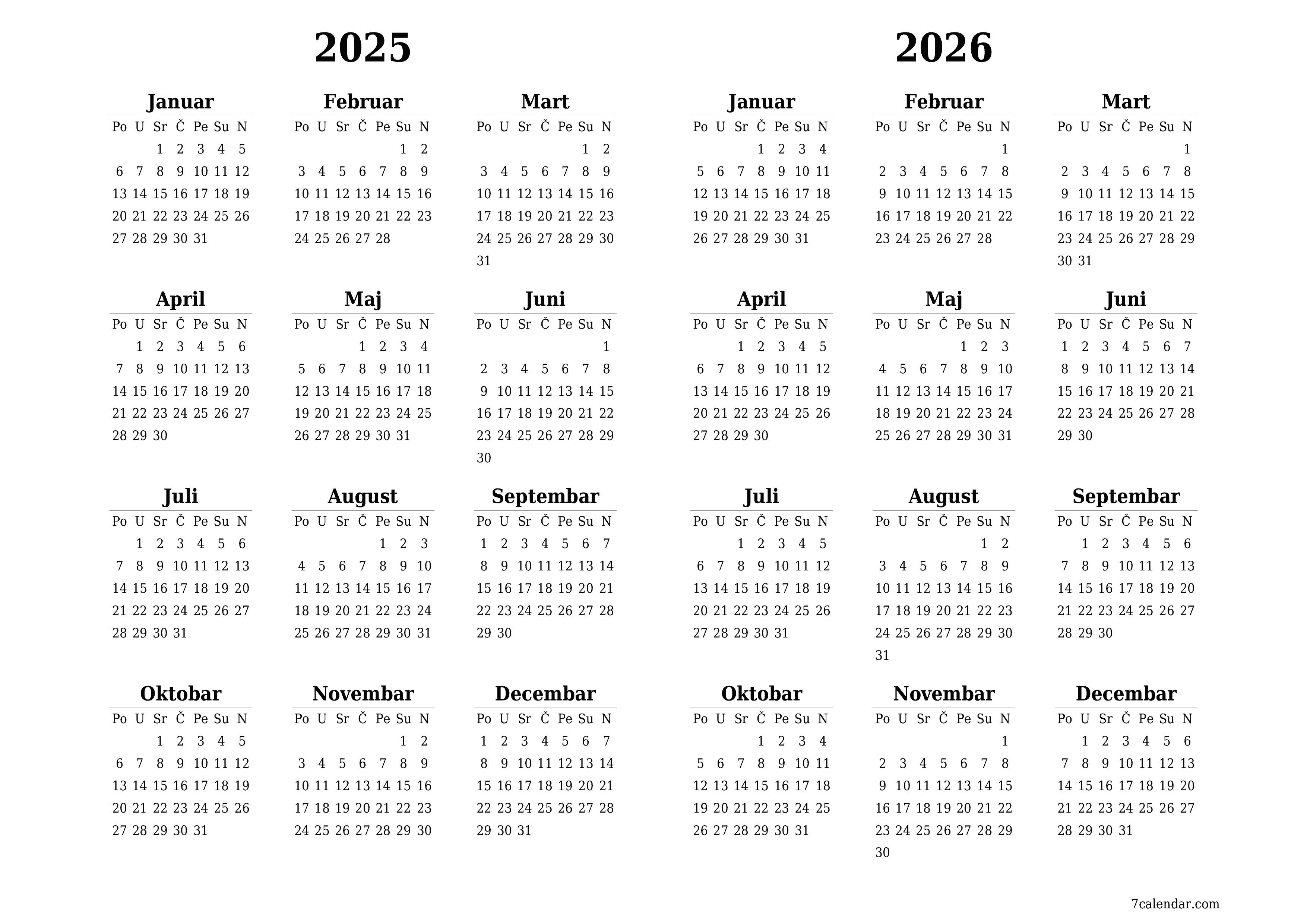 Ispraznite godišnji kalendar planera za godinu 2025, 2026 s bilješkama, spremite i ispišite u PDF PNG Bosnian