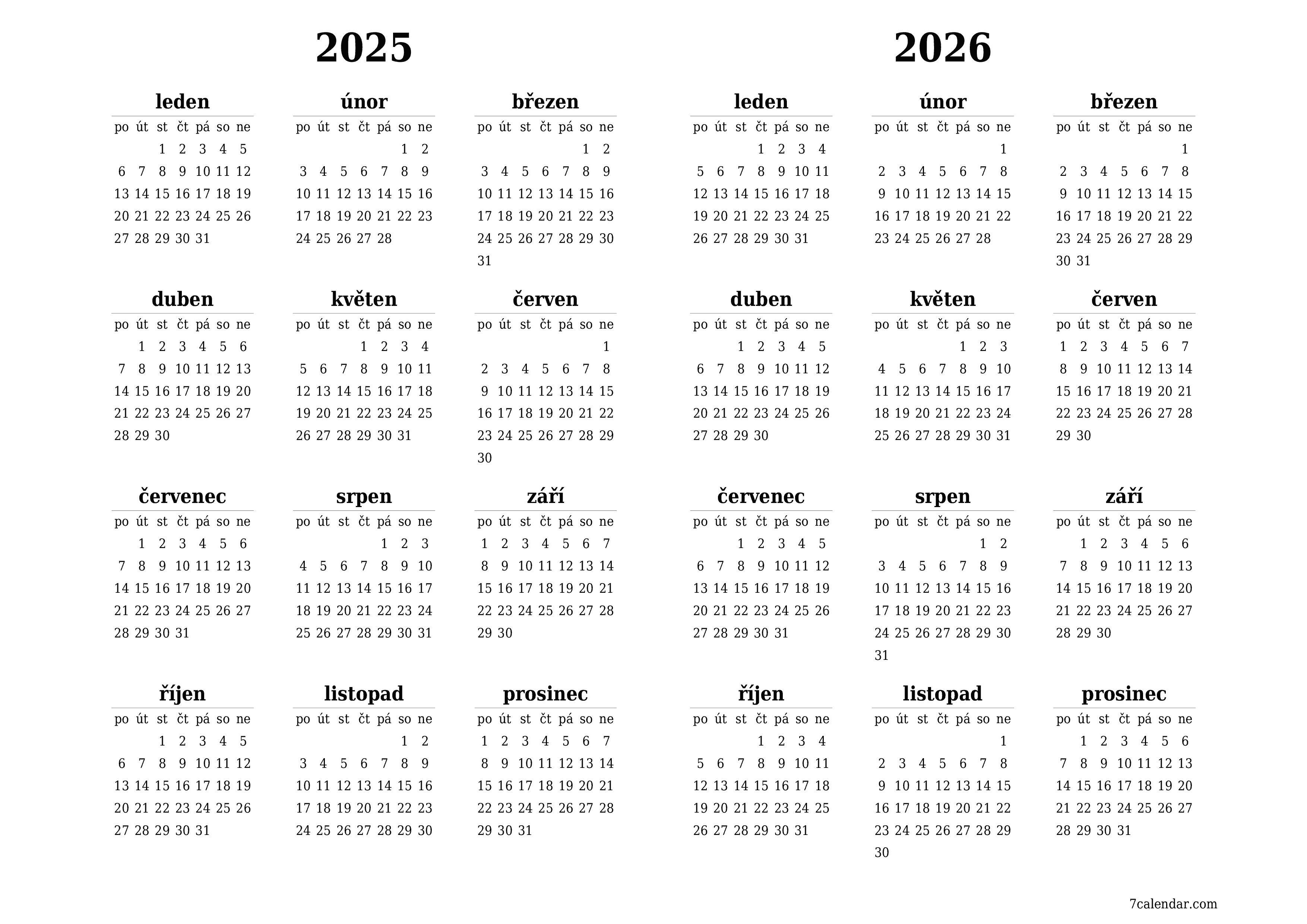 Prázdný roční kalendář plánovače pro rok 2025, 2026 s poznámkami, uložením a tiskem do PDF PNG Czech