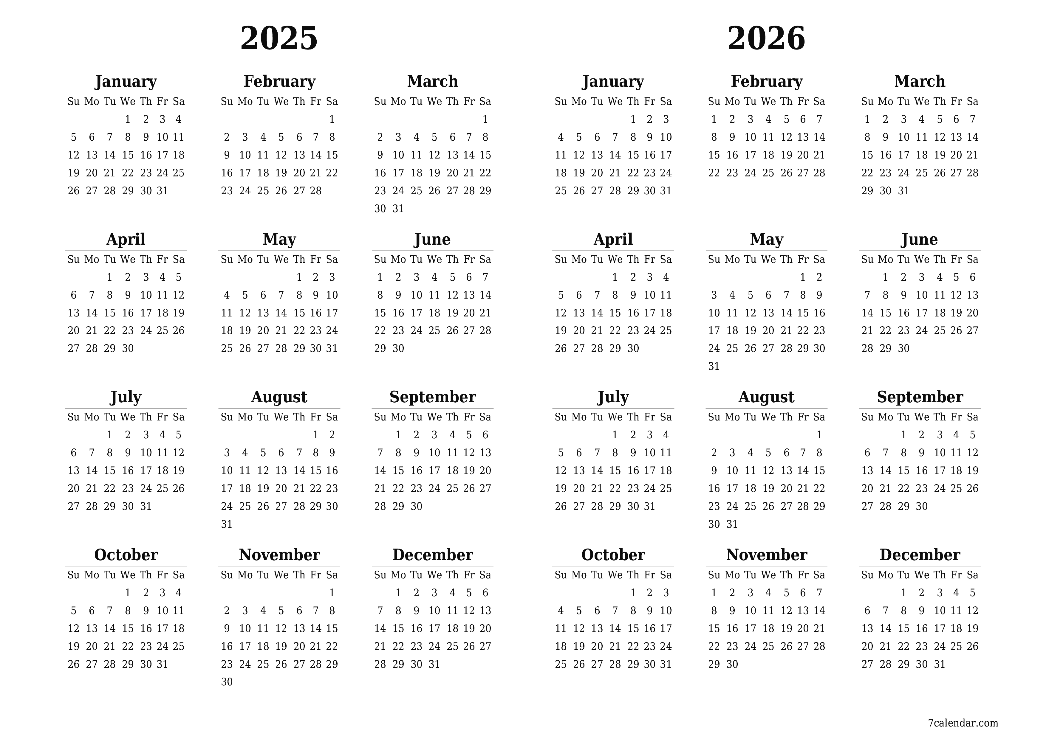 Blank calendar 2025, 2026