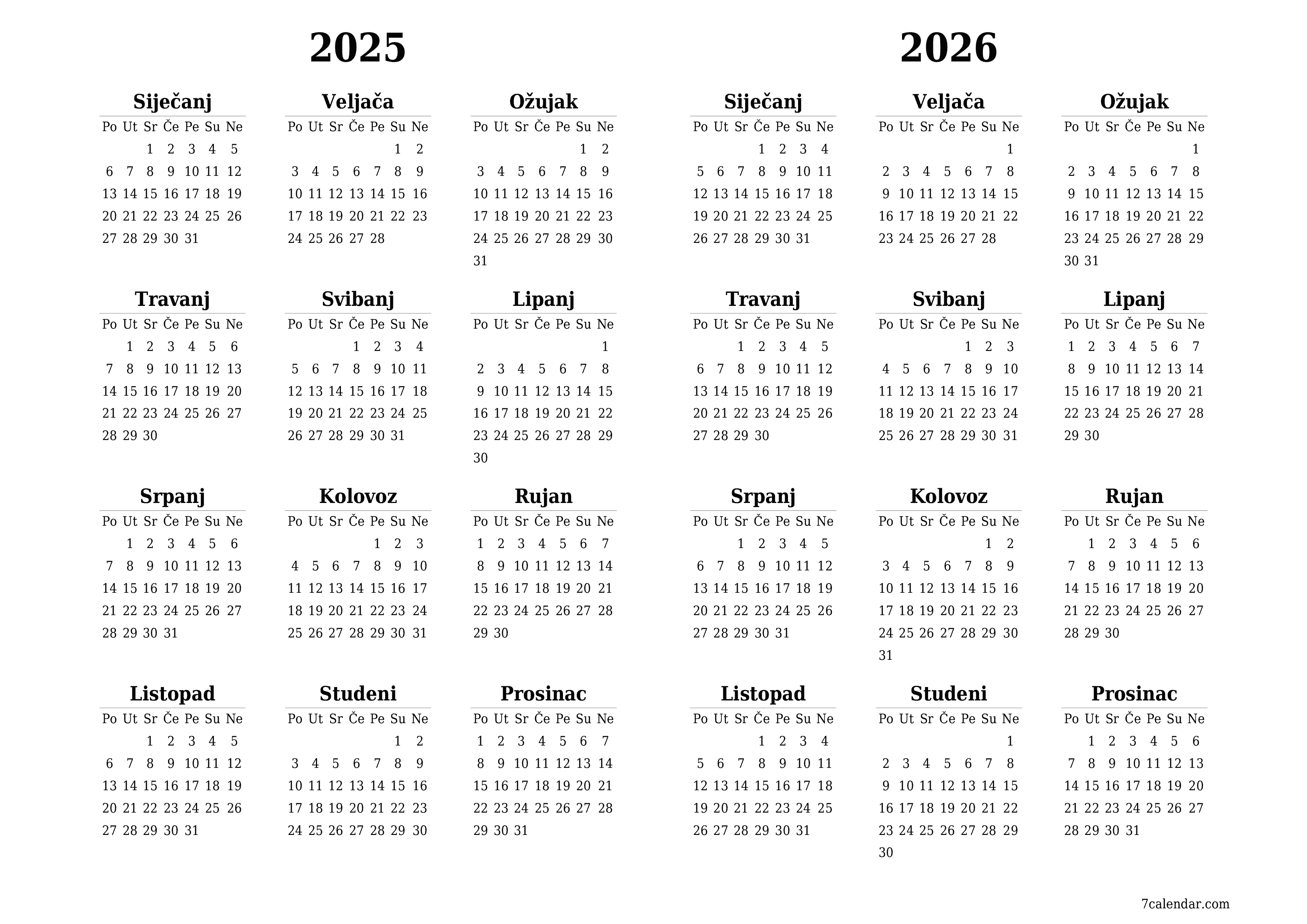 Ispraznite godišnji kalendar planera za godinu 2025, 2026 s bilješkama, spremite i ispišite u PDF PNG Croatian