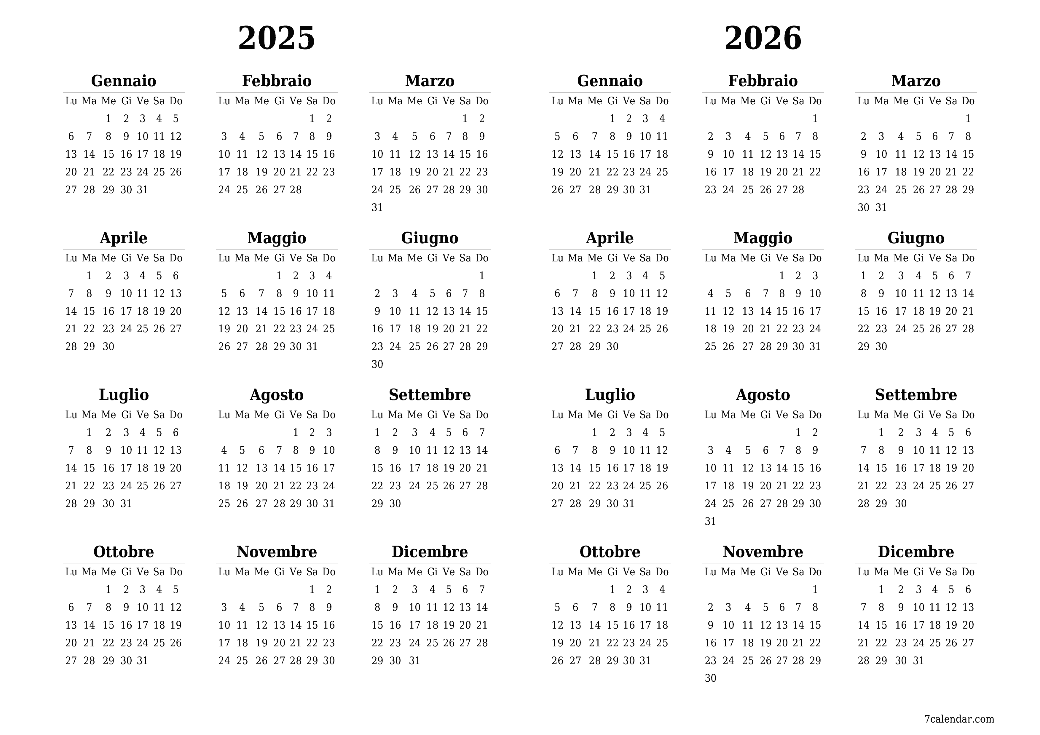 stampabile da parete modello di gratuitoorizzontale Annuale calendario Giugno (Giu) 2025