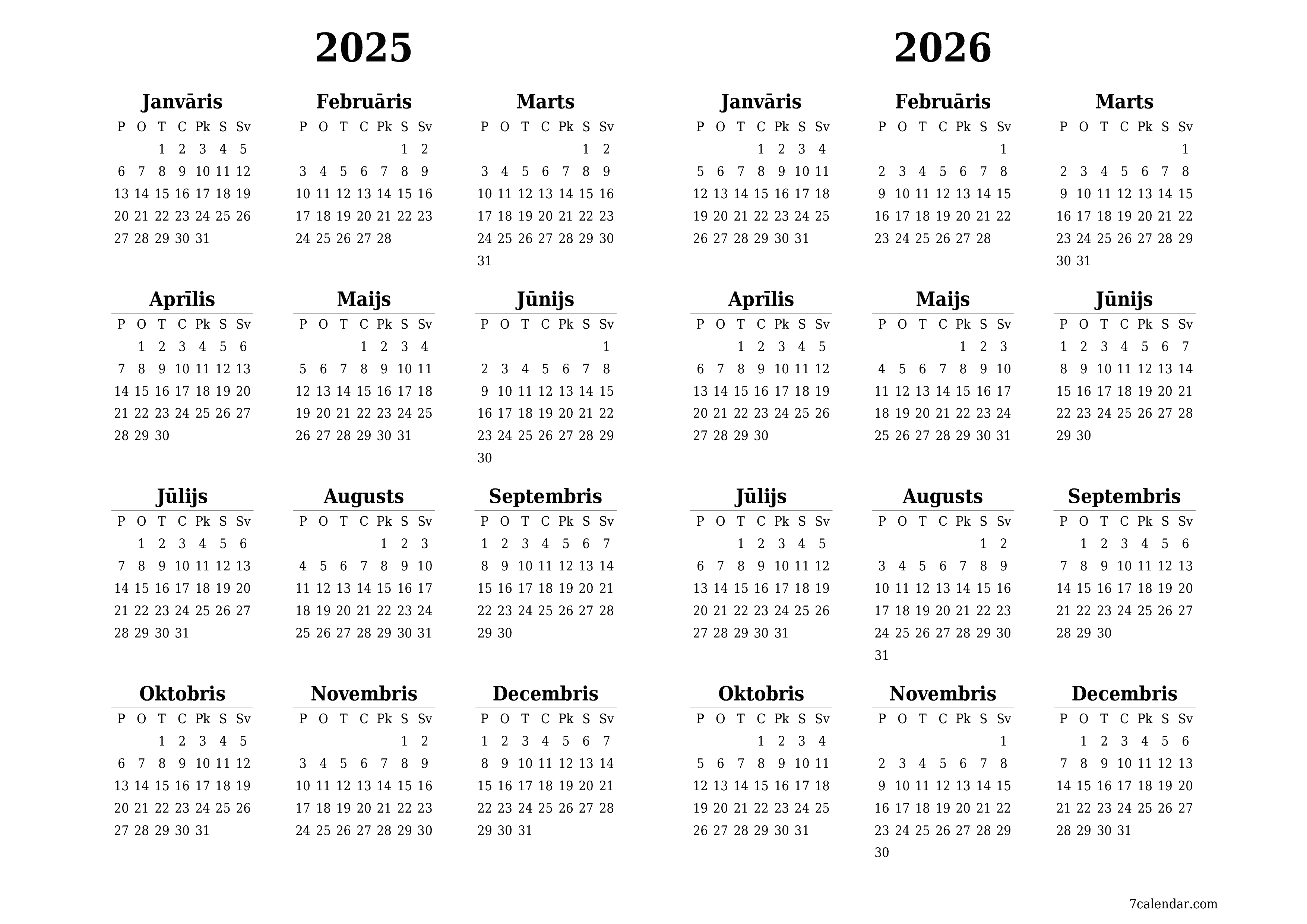 Tukšs gada plānotāja kalendārs gadam 2025, 2026 ar piezīmēm, saglabāšana un izdrukāšana PDF formātā PNG Latvian