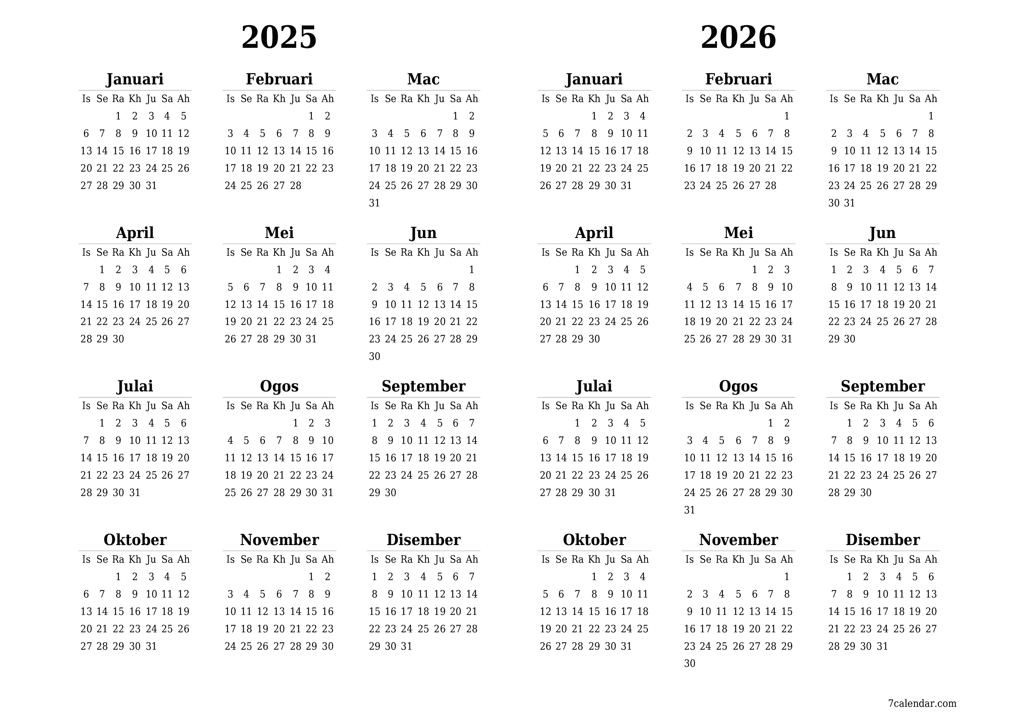 Kalendar perancang tahunan kosong untuk tahun ini 2025, 2026 dengan nota, simpan dan cetak ke PDF PNG Malay