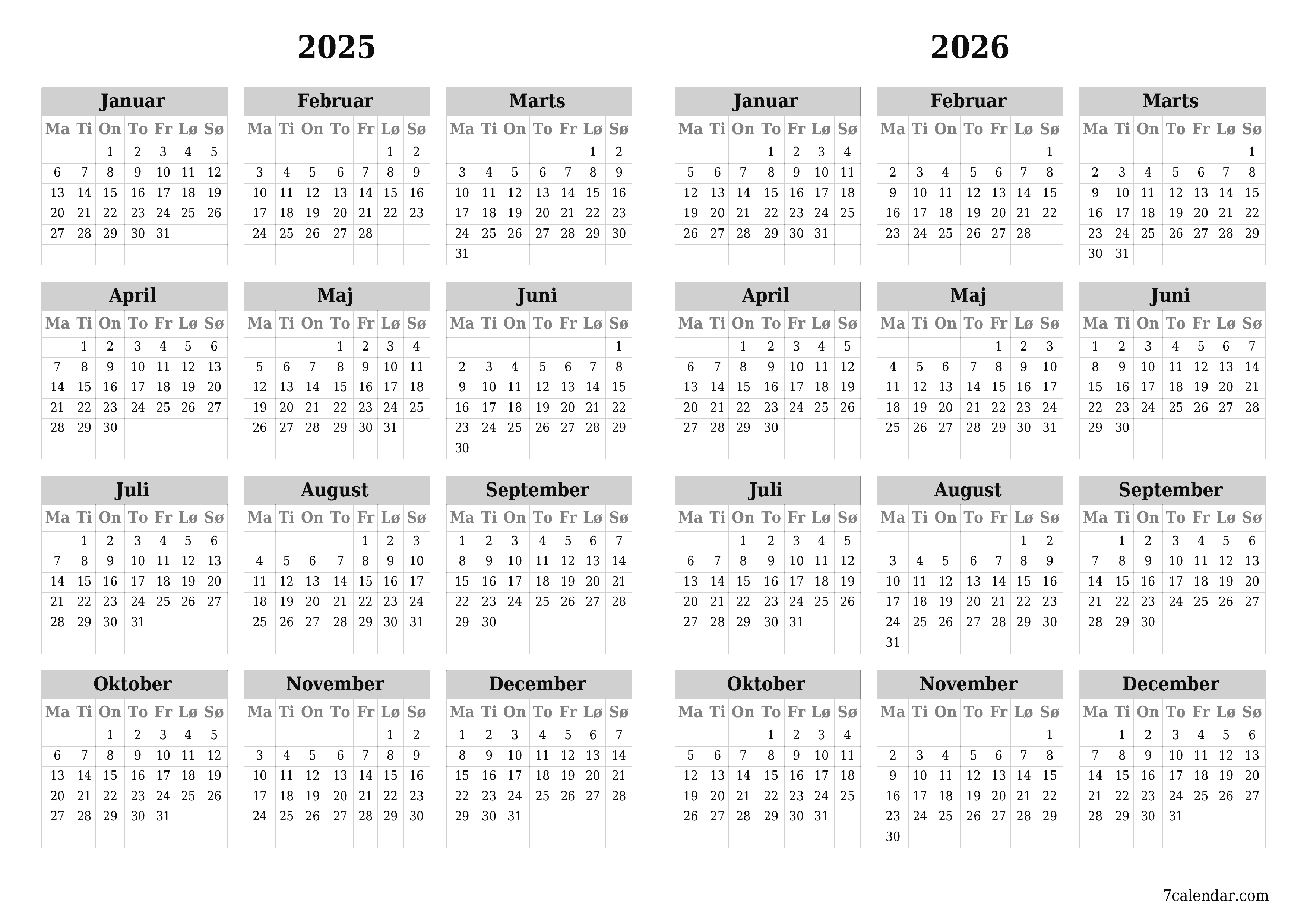 Tom årlig planlægningskalender for året 2025, 2026 med noter, gem og udskriv til PDF PNG Danish