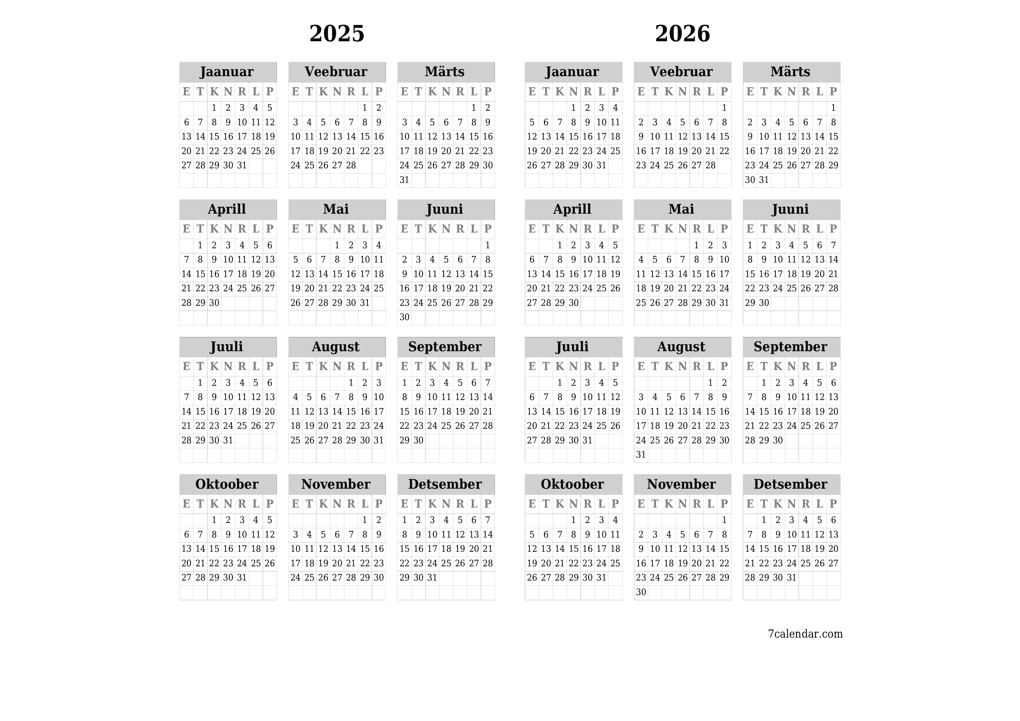 Tühi aasta planeerija kalender aastaks 2025, 2026 koos märkmetega, salvestage ja printige PDF-i PNG Estonian