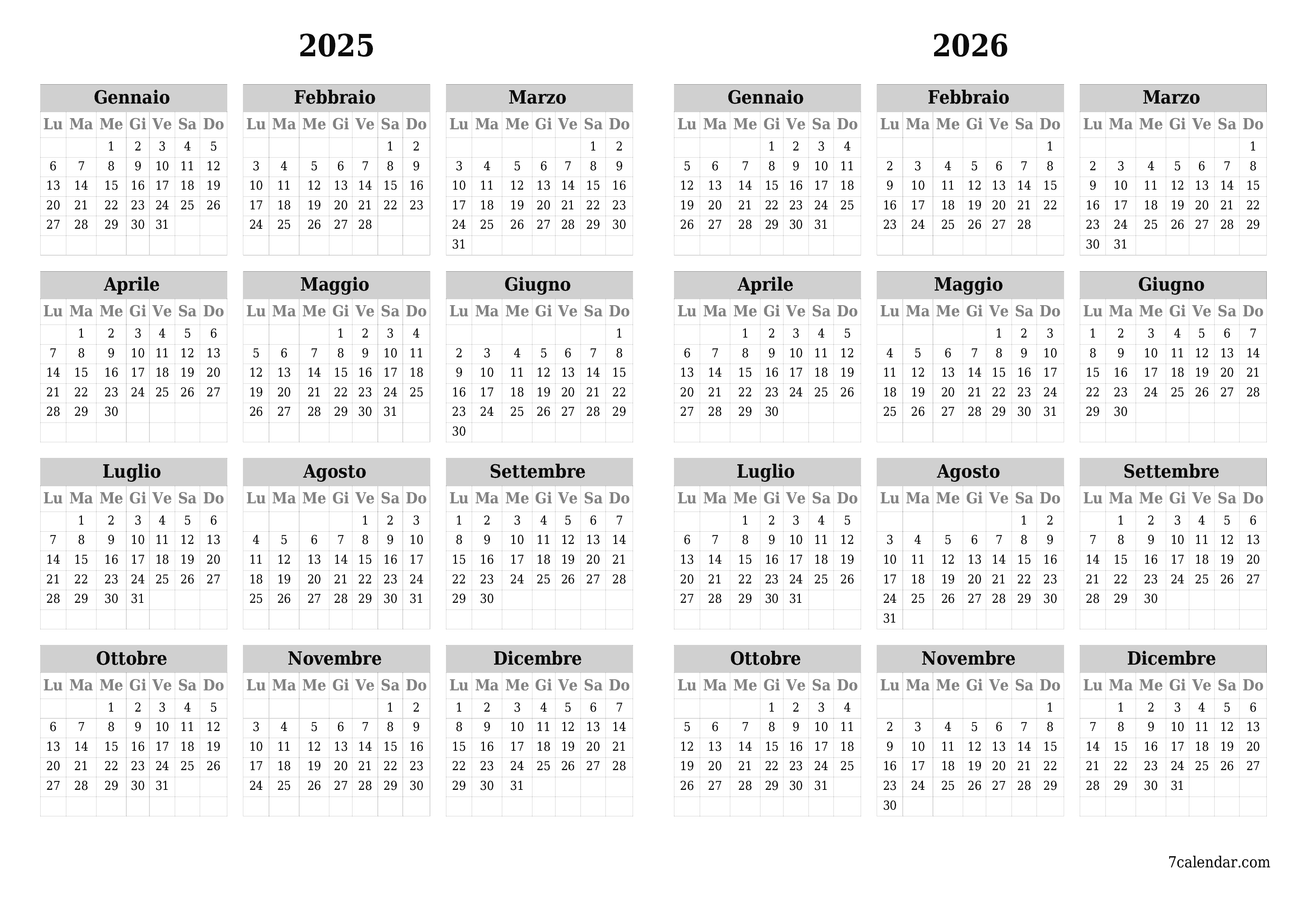 Calendario pianificatore annuale vuoto per l'anno 2025, 2026 con note, salva e stampa in PDF PNG Italian