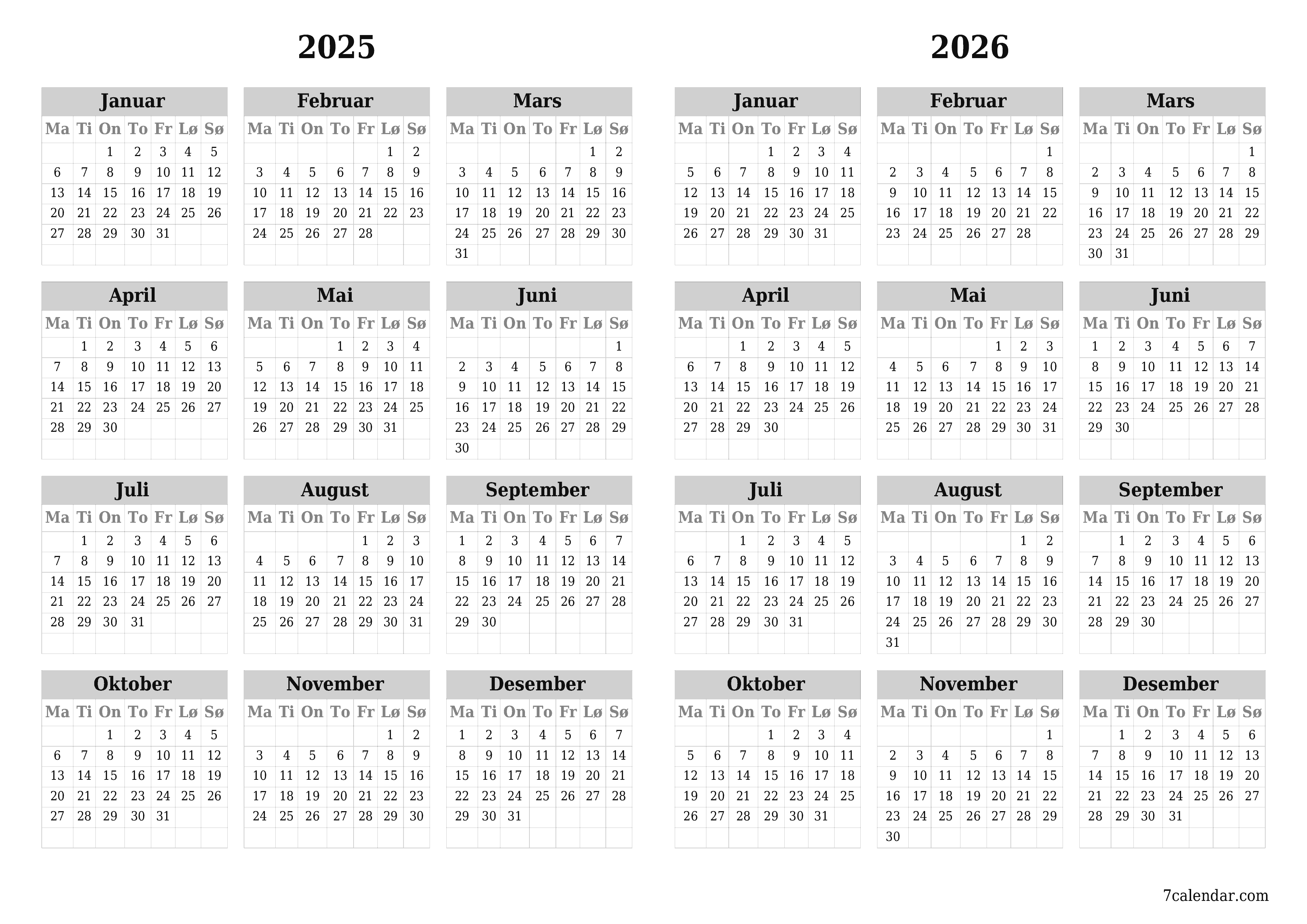Tom årlig planleggerkalender for året 2025, 2026 med notater, lagre og skrive ut i PDF PNG Norwegian