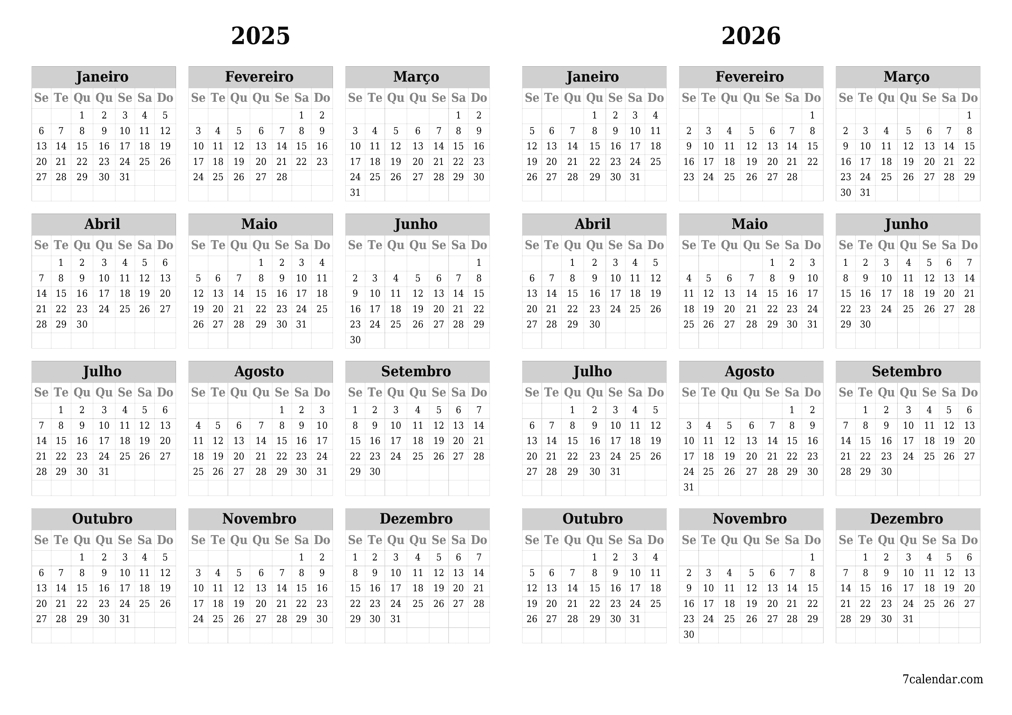 Calendário de planejador anual vazio para o ano 2025, 2026 com notas, salve e imprima em PDF PNG Portuguese