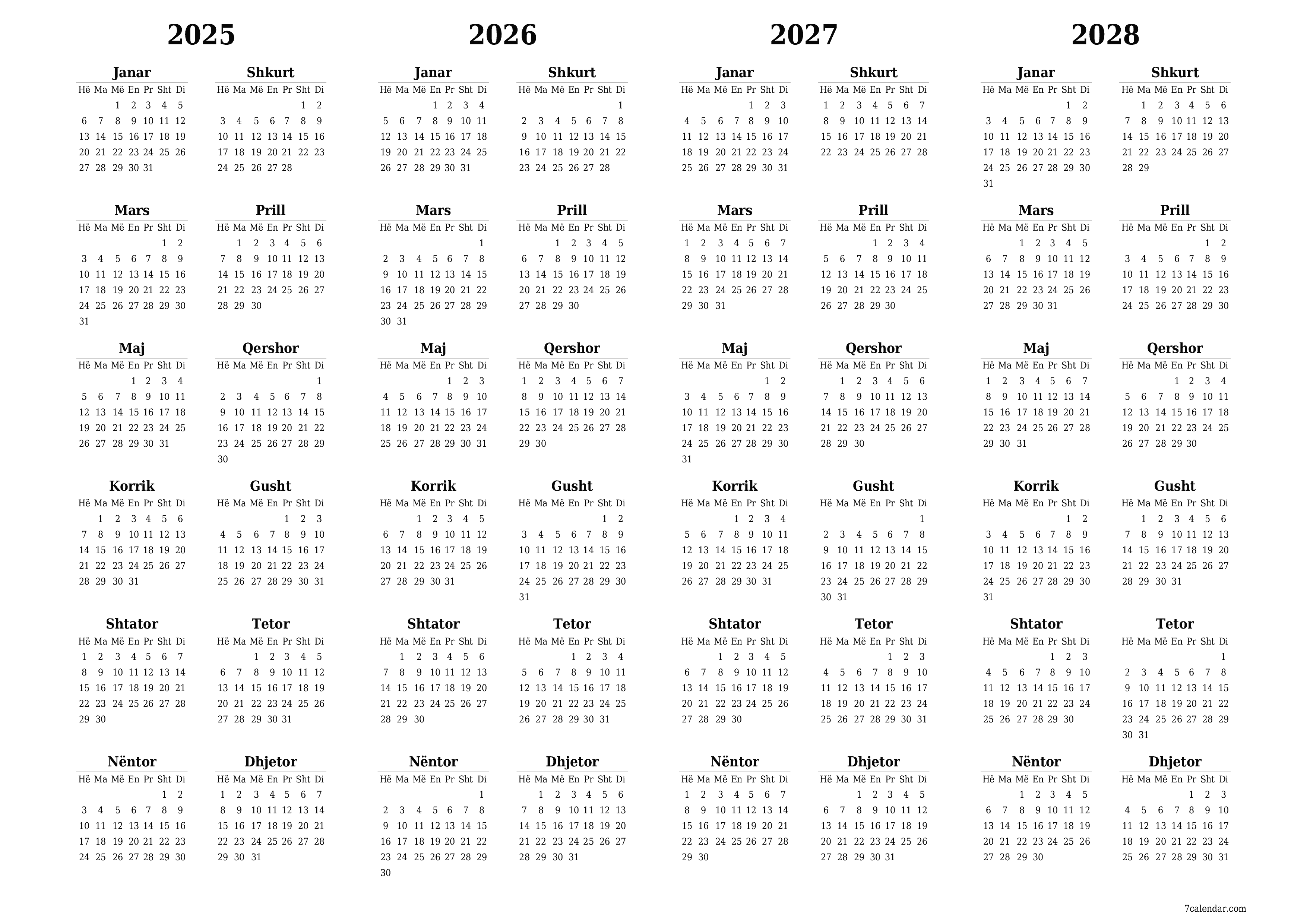 Planifikuesi bosh i kalendarit vjetor për vitin 2025, 2026, 2027, 2028 me shënime, ruani dhe printoni në PDF PNG Albanian