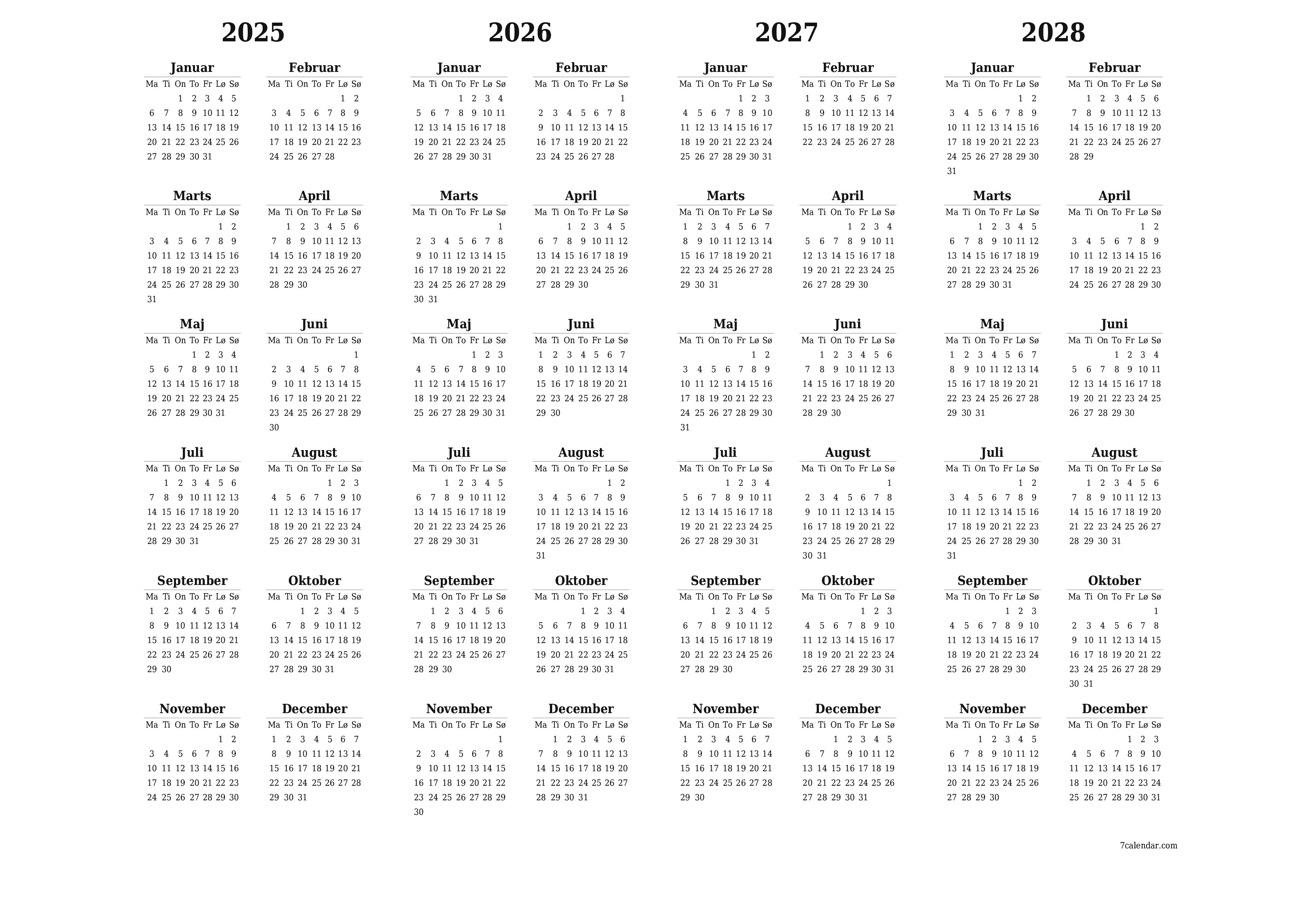 Tom årlig planlægningskalender for året 2025, 2026, 2027, 2028 med noter, gem og udskriv til PDF PNG Danish