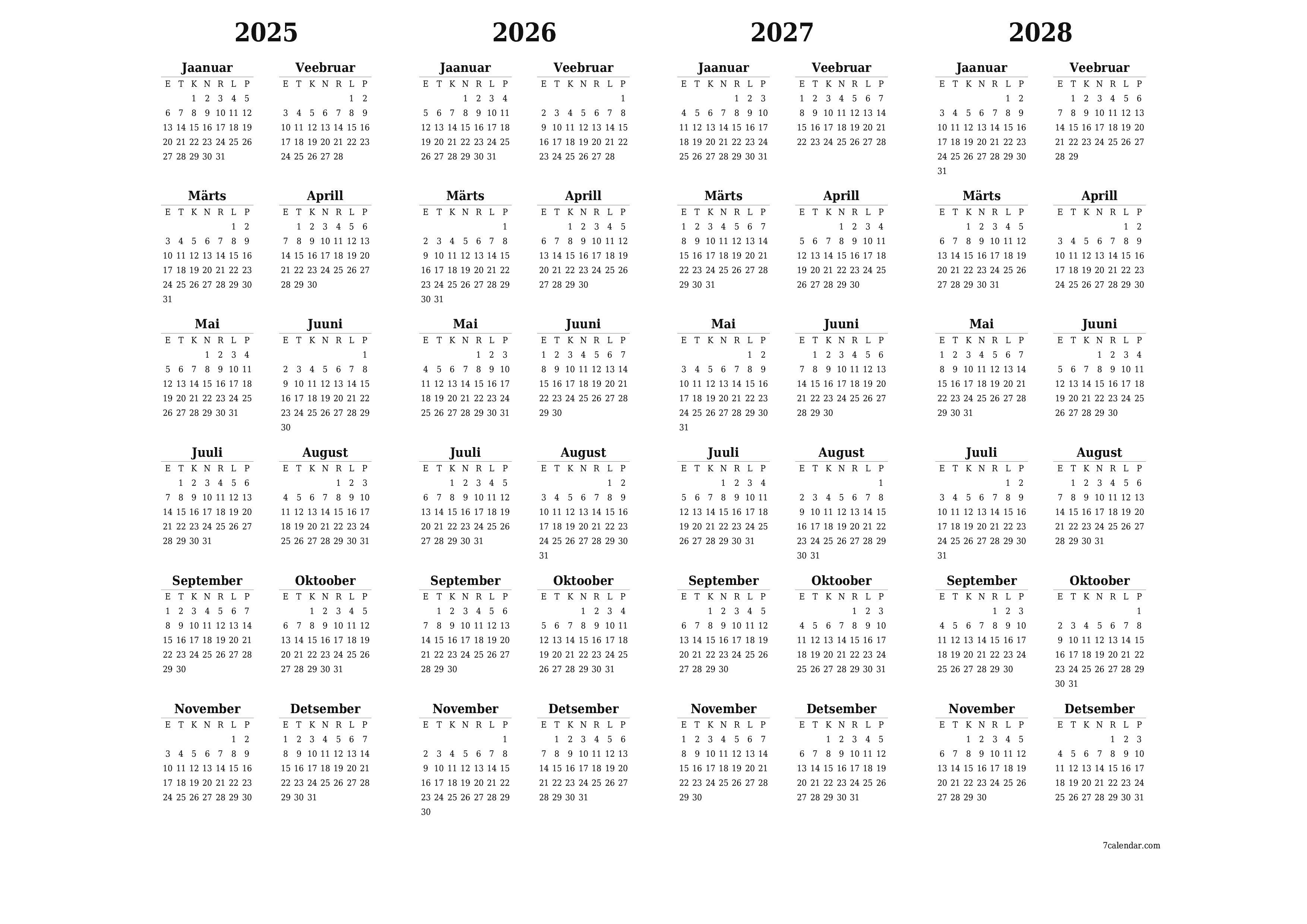 Tühi aasta planeerija kalender aastaks 2025, 2026, 2027, 2028 koos märkmetega, salvestage ja printige PDF-i PNG Estonian